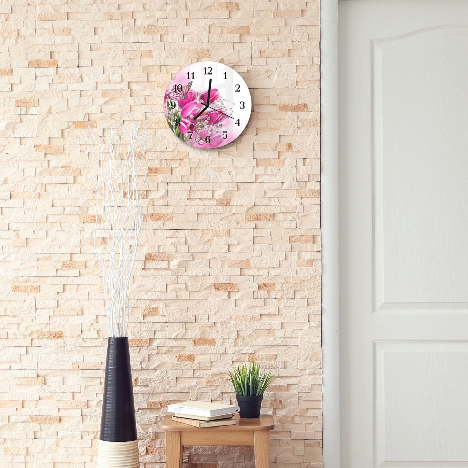 Primedeco Wanduhr Wanduhr aus Glas cm Schmetterlingen - Quarzuhrwerk Rund mit Durchmesser mit Tulpen Motiv mit 30 und