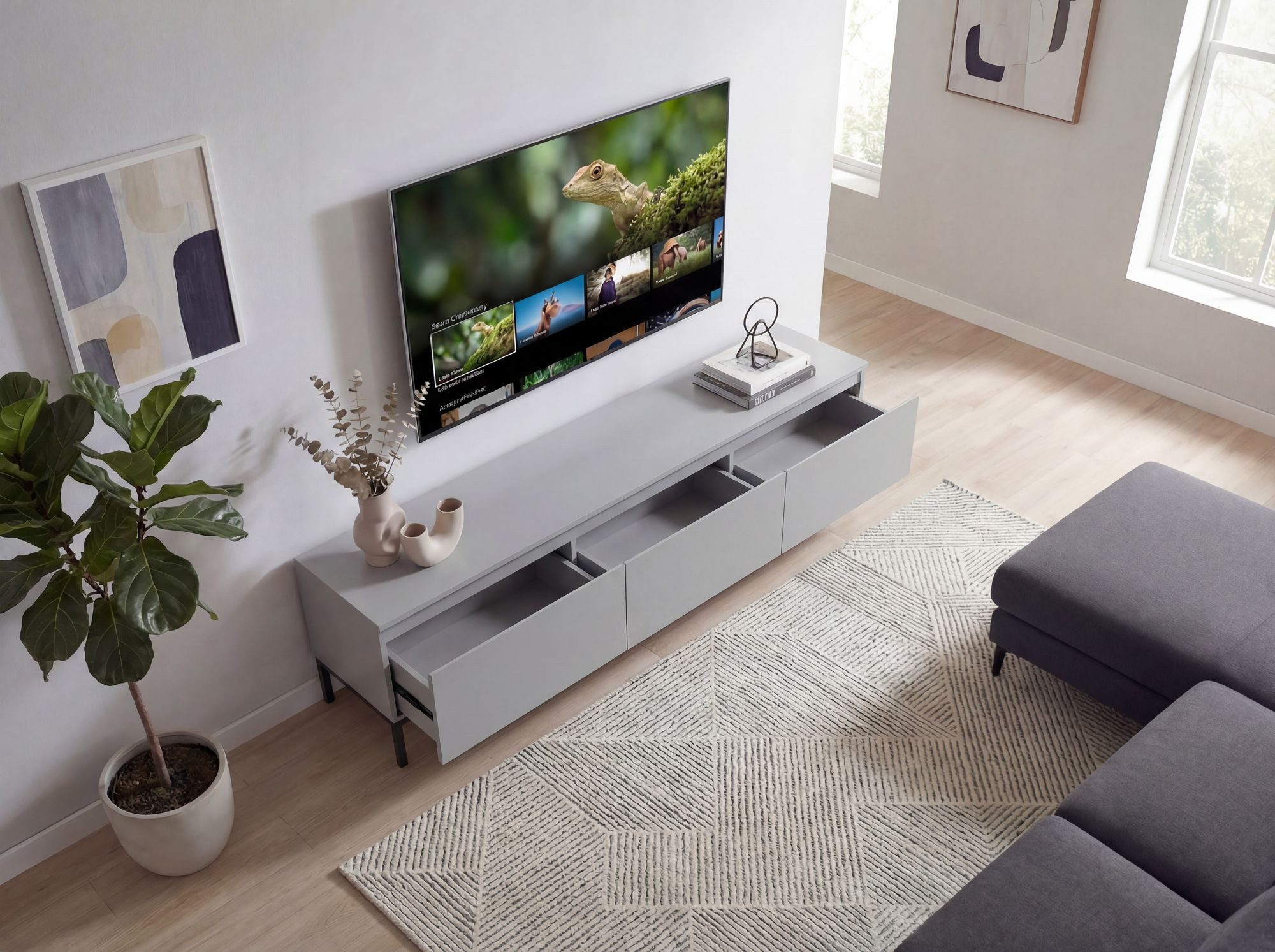 FINEBUY Lowboard FB117865 150cm TV Kommode Grau TV Schrank Fernsehtisch Fernsehschrank (Modernes TV-Board mit grifflosen Fronten), Drei geräumige Schubladen für reichlich Stauraum