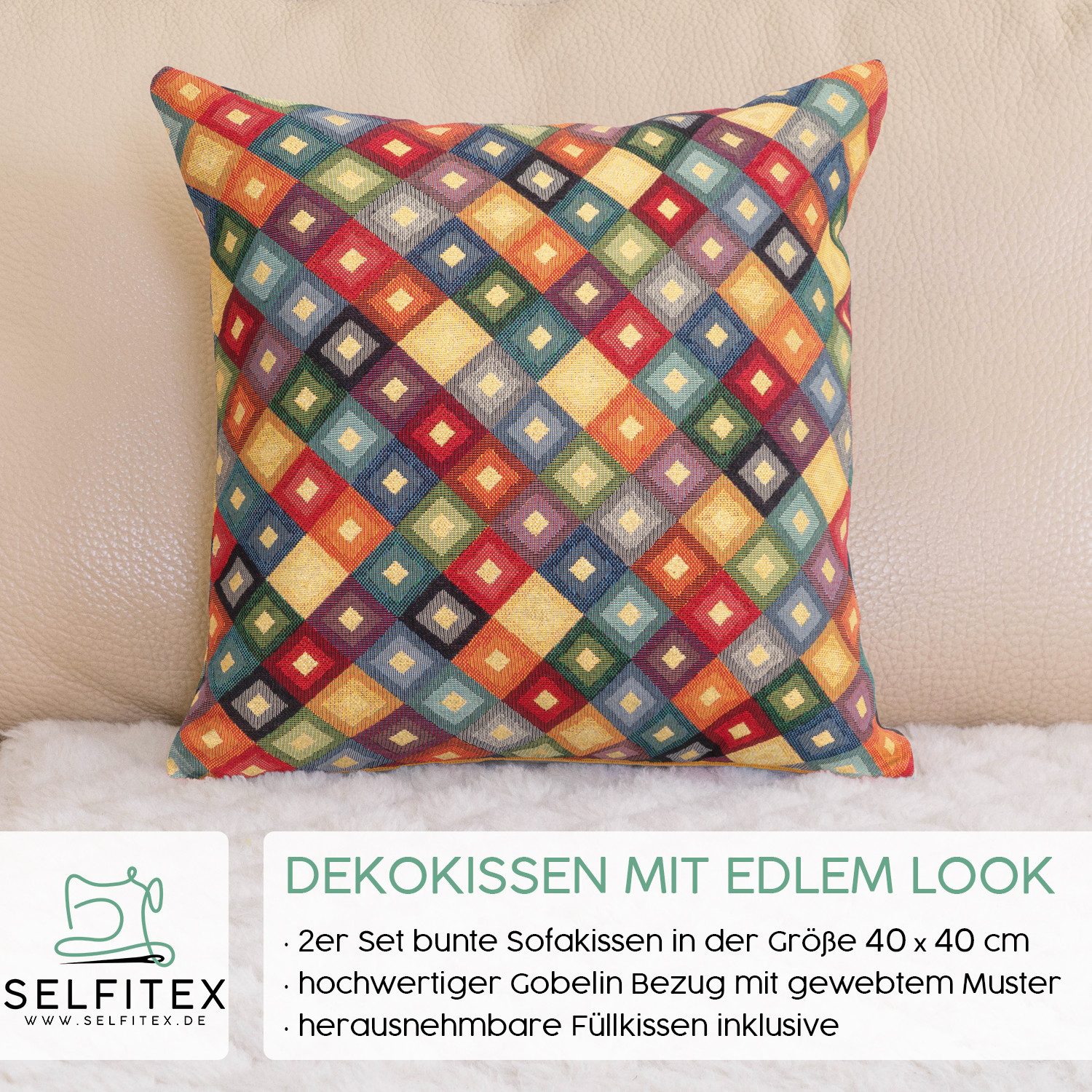 Selfitex Dekokissen mit buntem Muster im 2er Set, 30x50/40x40/50x50 inkl. Füllkissen, hochwertig gewebter Gobelin Kissenbezug mit weichem Füllkissen