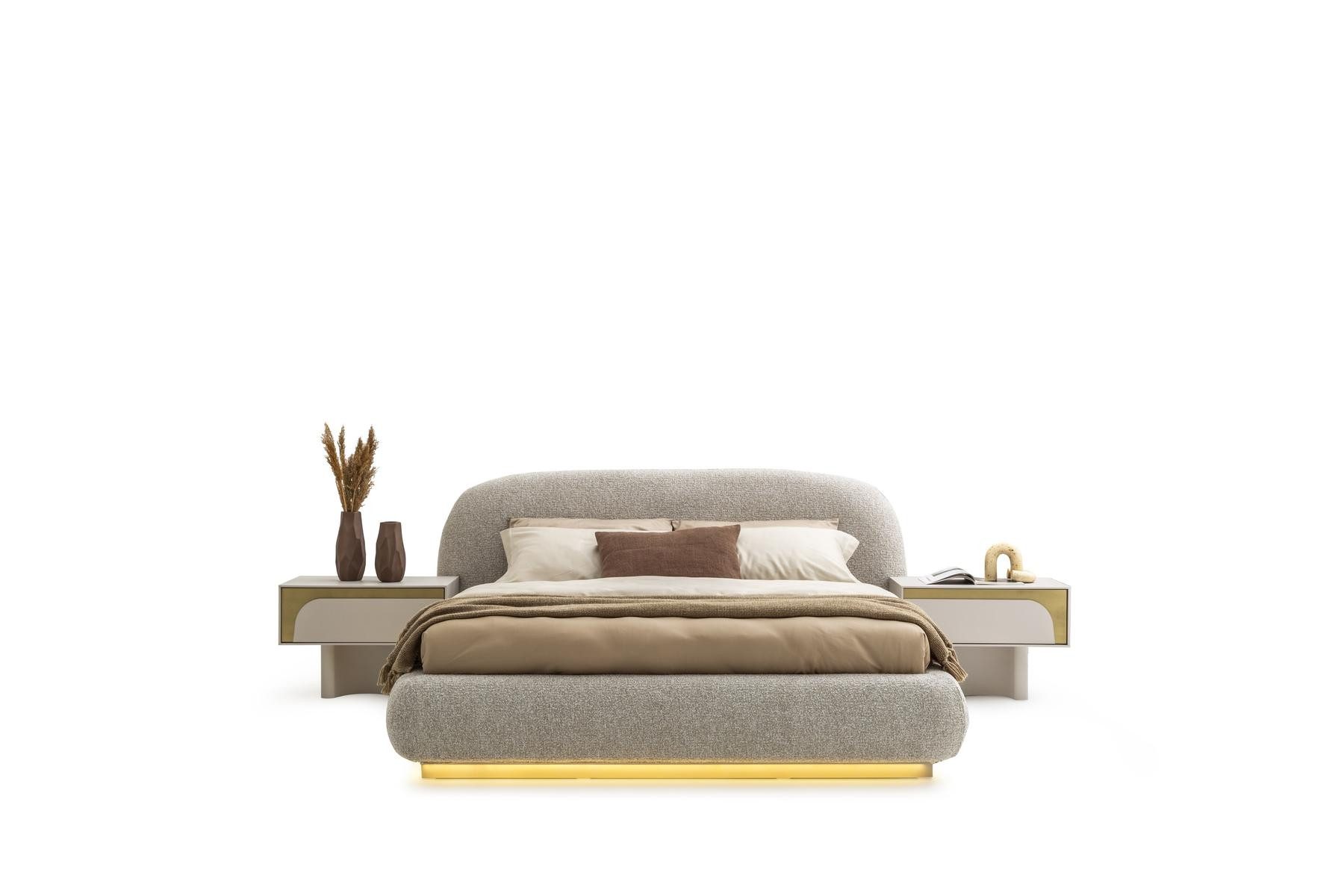 JVmoebel Schlafzimmer-Set Schlafzimmer Set 3-teilig: Bett + 2 Nachttische, Grau, LED, Modern, (3-tlg., Bett, 2x Nachttische), Made in Europe