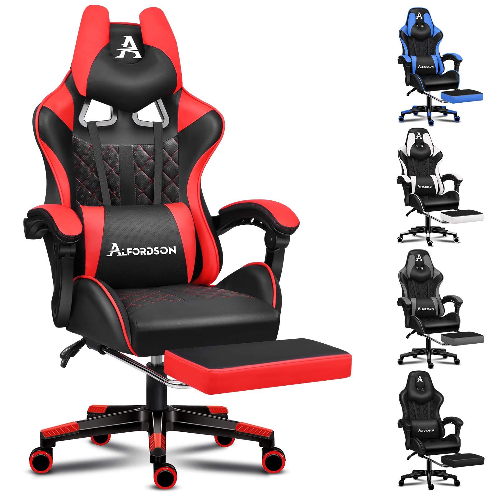 ALFORDSON Gaming-Stuhl Bürostuhl, Integrierte Fußstütze, mit Lendenwirbelkissen, 150° Neigungsverstellung, PU-Ledersitz mit hoher Rückenlehne