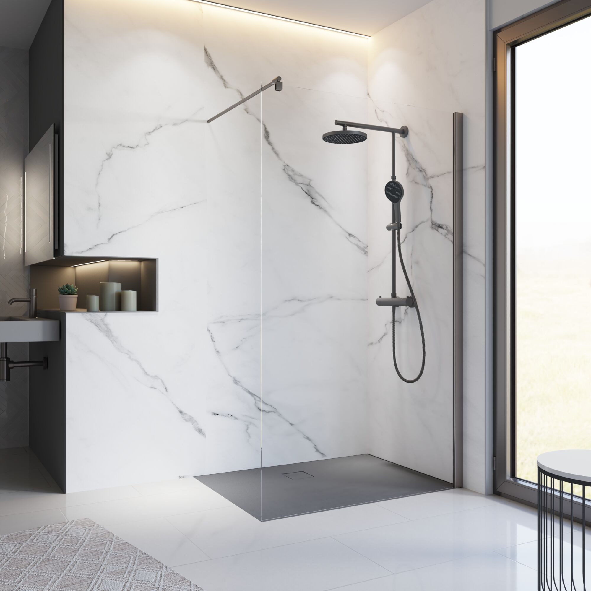 Schulte Walk-in-Dusche Alexa Style 2.0, Sicherheitsglas, (1 tlg., Walk-In Duschwand mit Stabilisationsbügel), 90 x 200 cm, offener Einstieg, Klar Hell, Profil Gunmetal