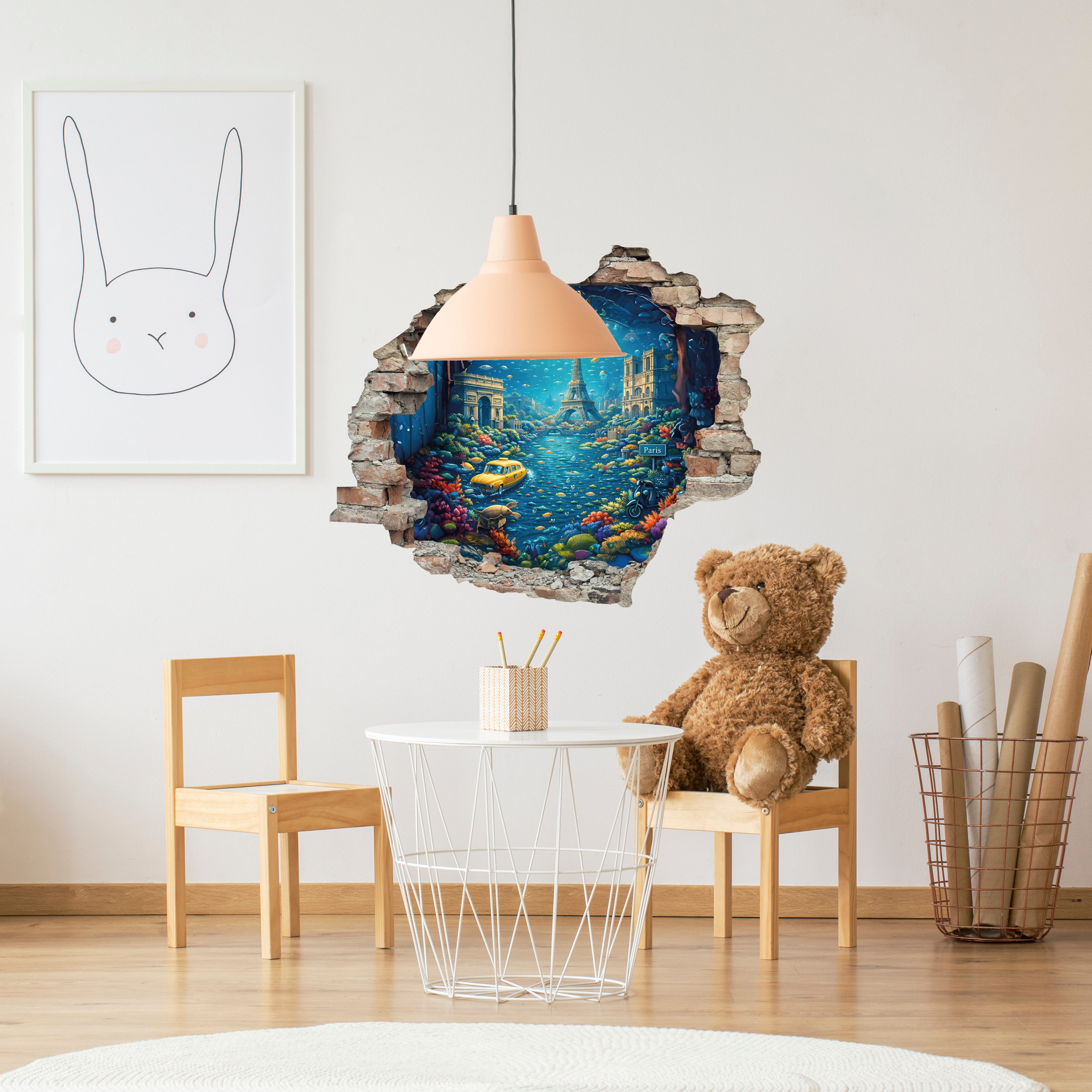 queence Wandsticker KI 3D Unterwasserwelt Illusion Paris Amsterdam Rom, 60x50cm selbstklebender 3D Sticker als Wanddurchbruch