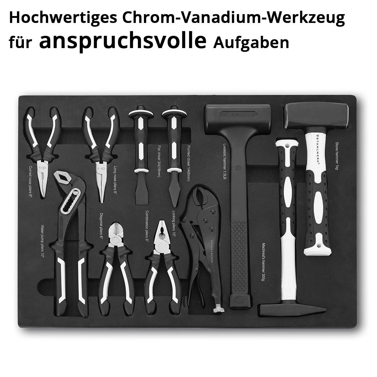 STAHLWERK Steckschlüssel Werkzeugwageneinlage 11-teiliges Werkzeug-Set mit Schaumstoffeinlage (Set, 11 St), Schweißer-Gripzangen inklusive Transportkoffer