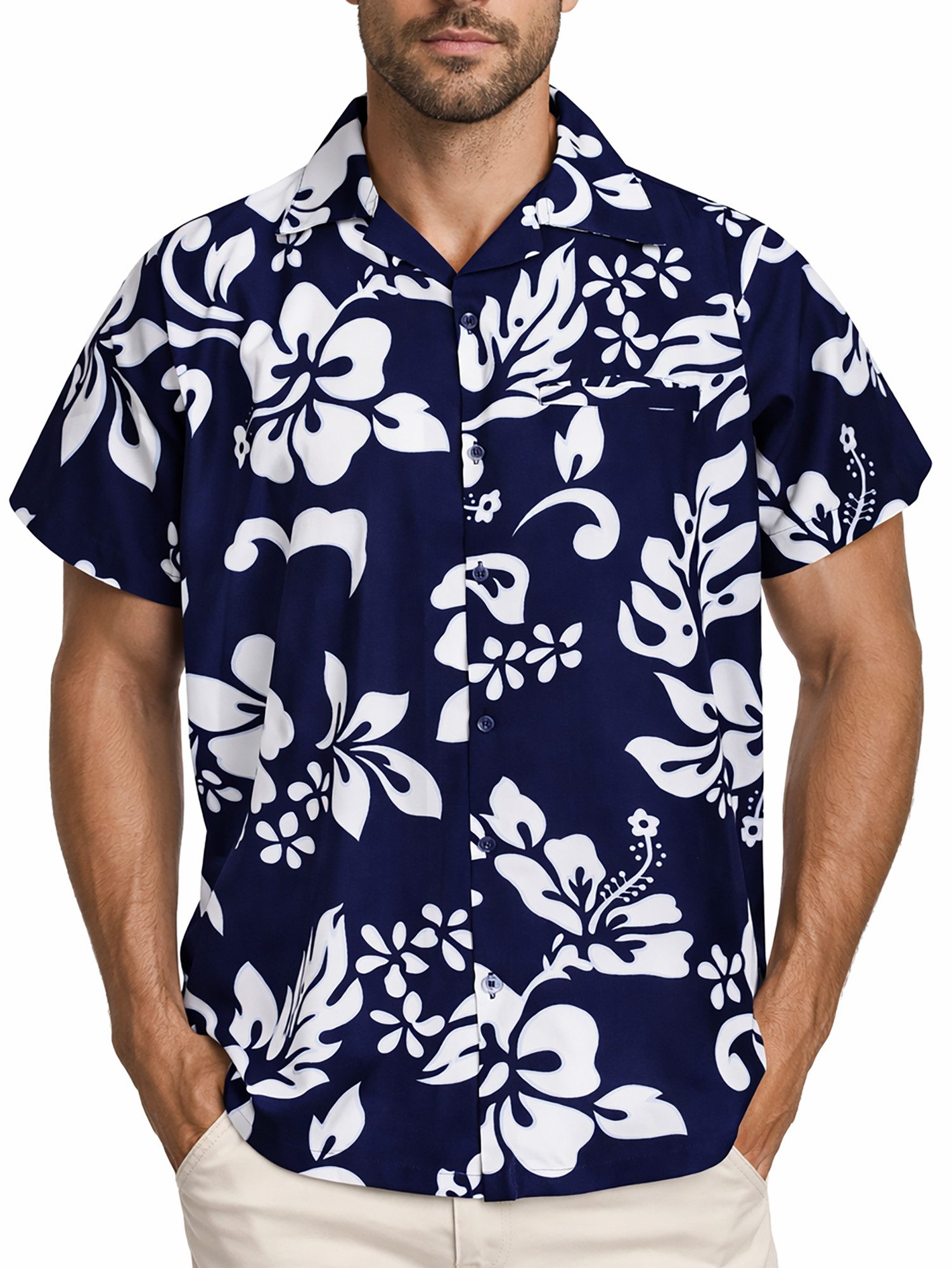 King Kameha Hawaiihemd "Hibiscus" Funky Hawaii-Hemd Herren Kurzarm Front-Tasche Stylish