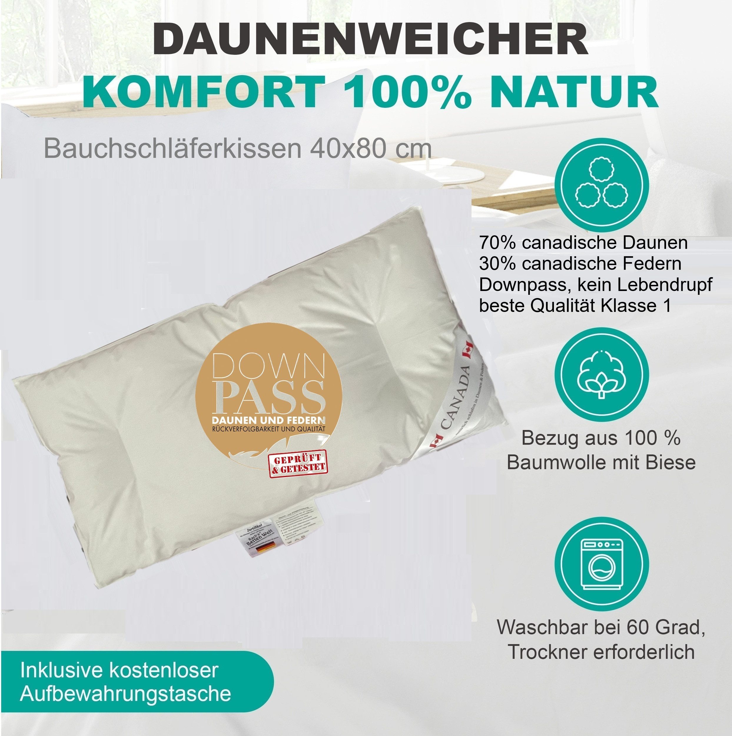 Canada Bauchschläferkissen Bauchschläferkissen Daunenkissen U Steppung, Bauchschläfer, Bauchschläferkissen, Flachkissen