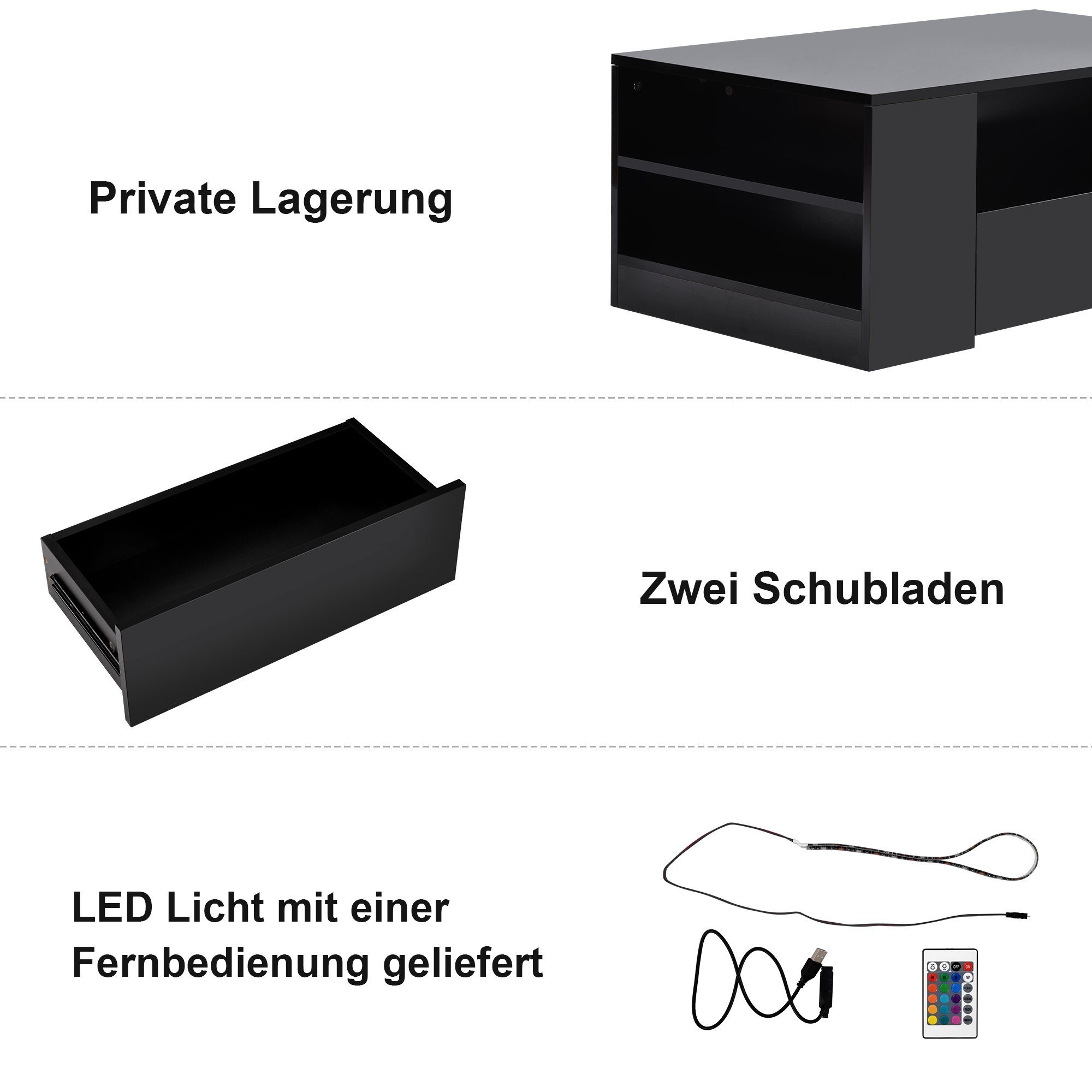Couchtisch (Wohnzimmertisch Hochglanz Schwarz), Sofatisch mit LED-Beleuchtung, 2 Schubladen, 2 Regale, 95 x 53 x 37 cm