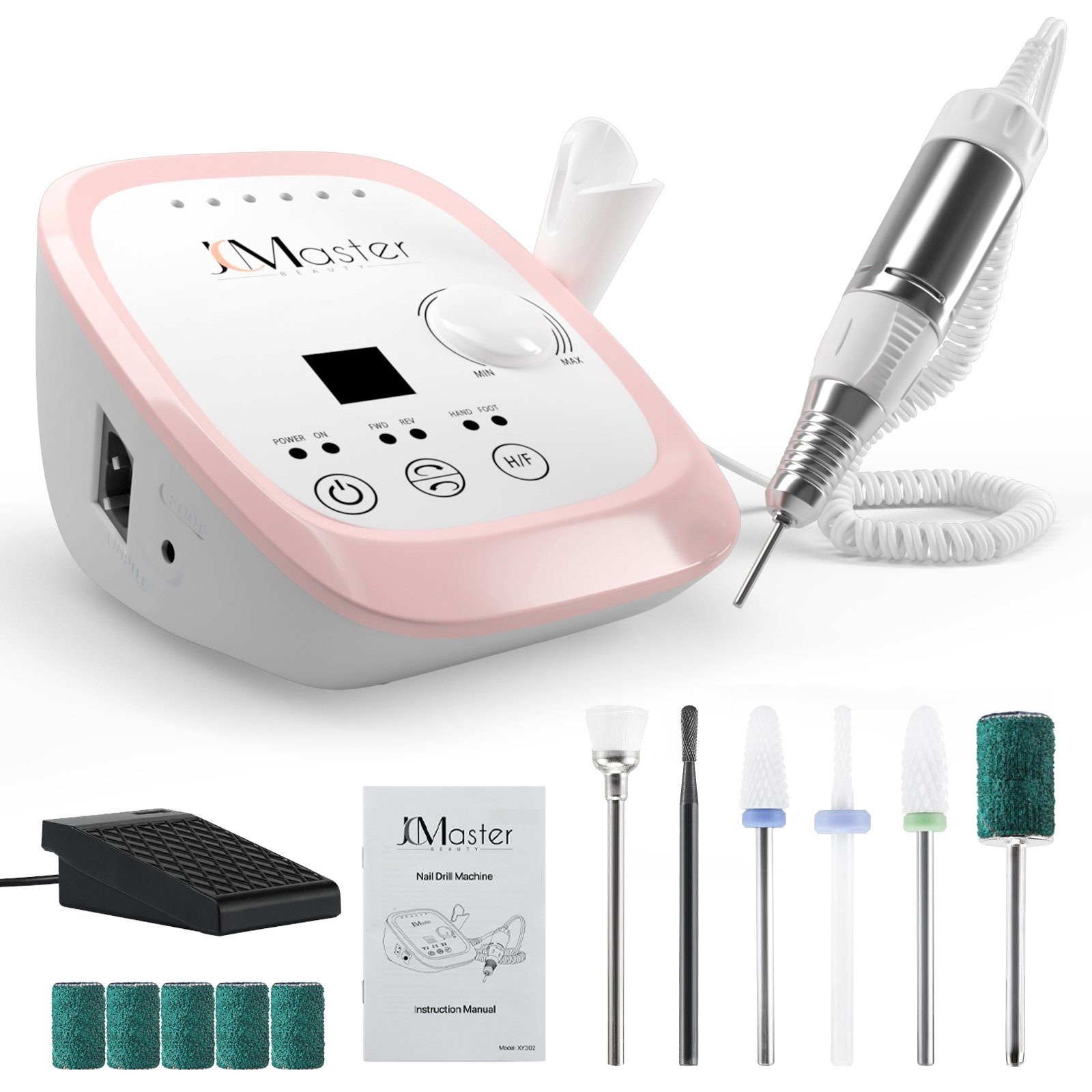 JCMaster Maniküre-Pediküre-Set Nagelfräser Profi 35.000 U/Min, inkl 6x Bits, elektrische Nagelfeile für Gelnägel Acrylnägel, mit Fußpedal