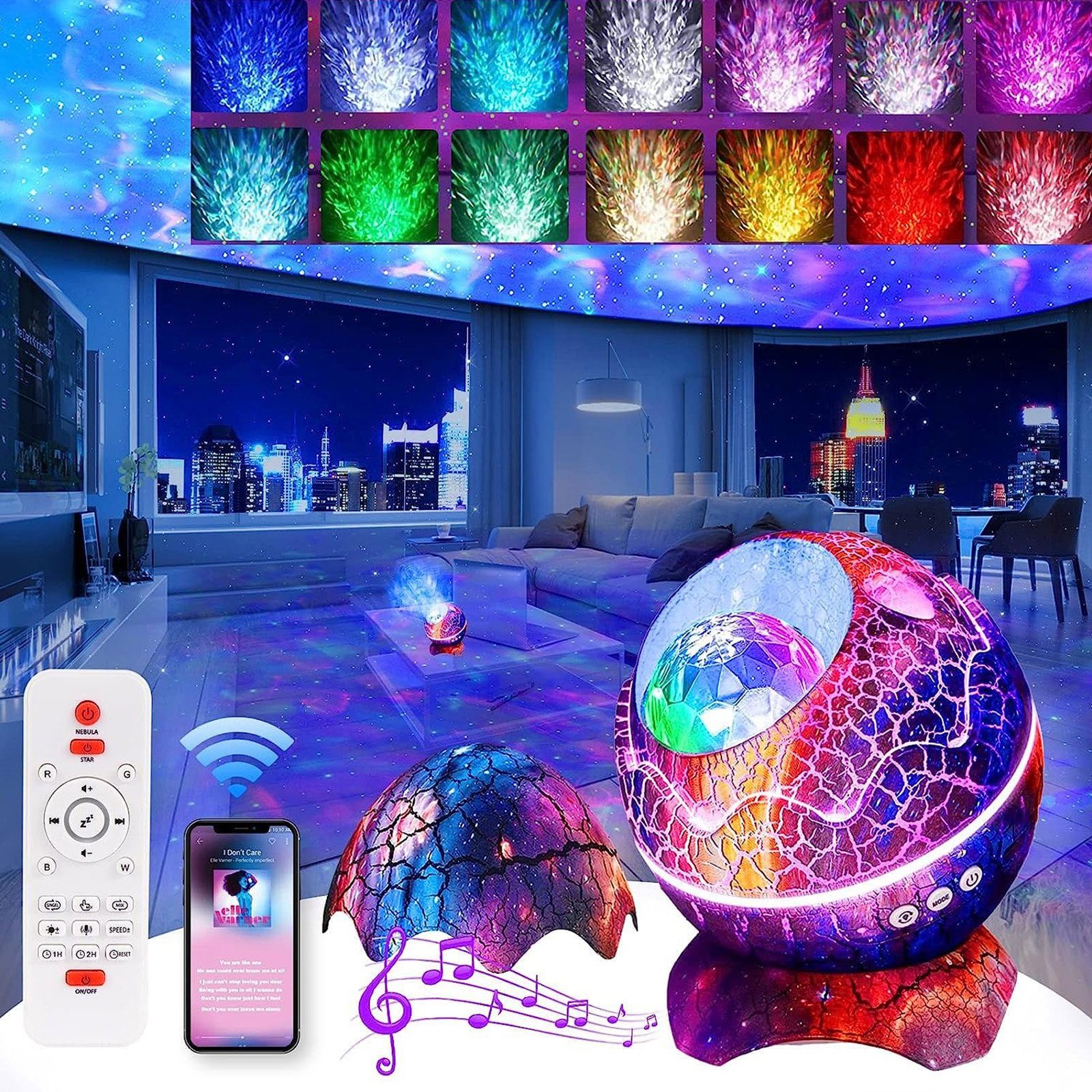 Rosnek LED Nachtlicht 14 Farben, weißes Rauschen, für Kinderzimmer Wohnzimmer Party Deko, Ohne Mikrofon, Farbwechsler, Bluetooth-Lautsprecher, Fernbedienung
