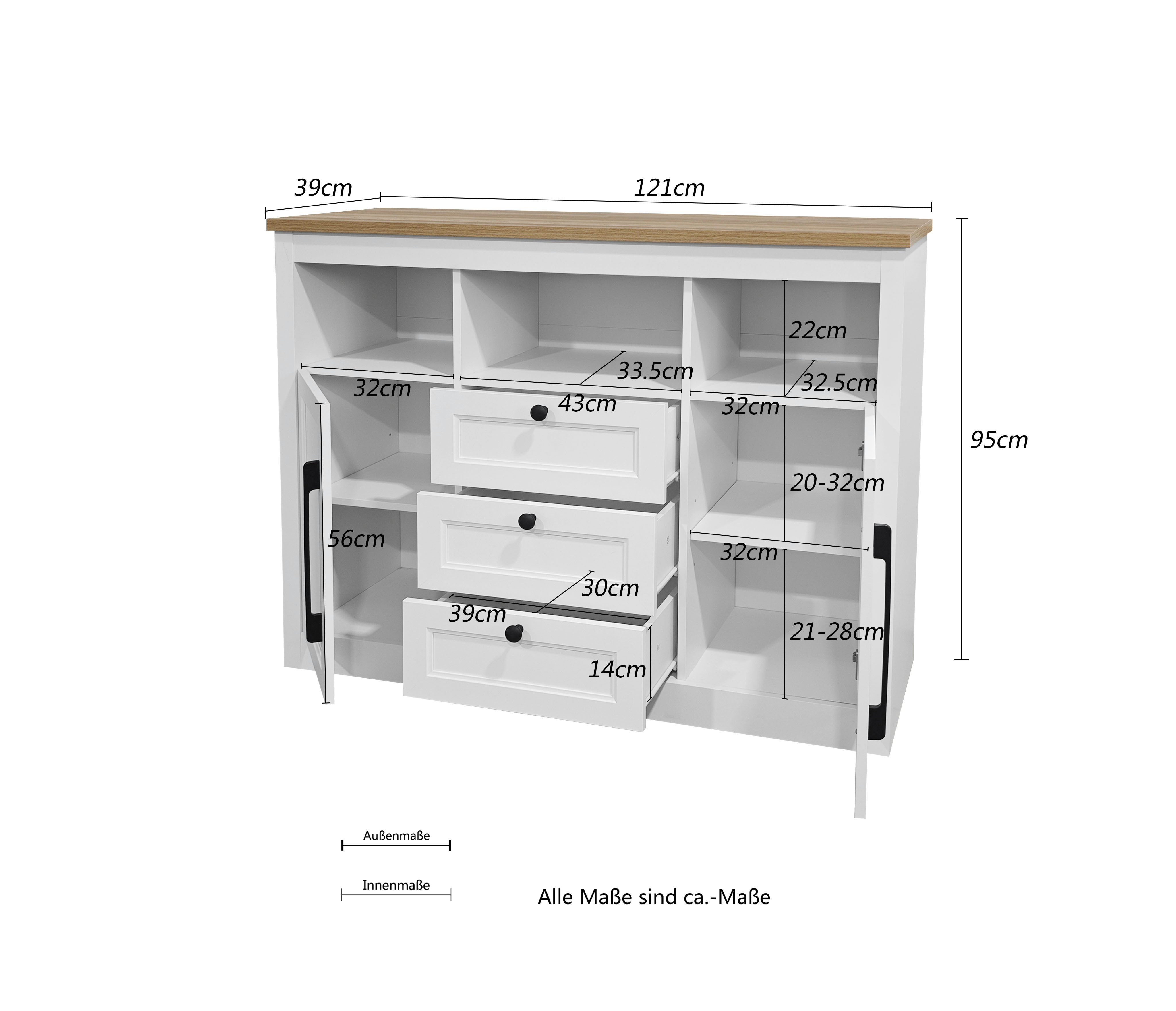 OTTO home Sideboard Ismund, aus MDF, mit Holz-Zierleiste, schwarzen Metallgriffen, Höhe 95 cm