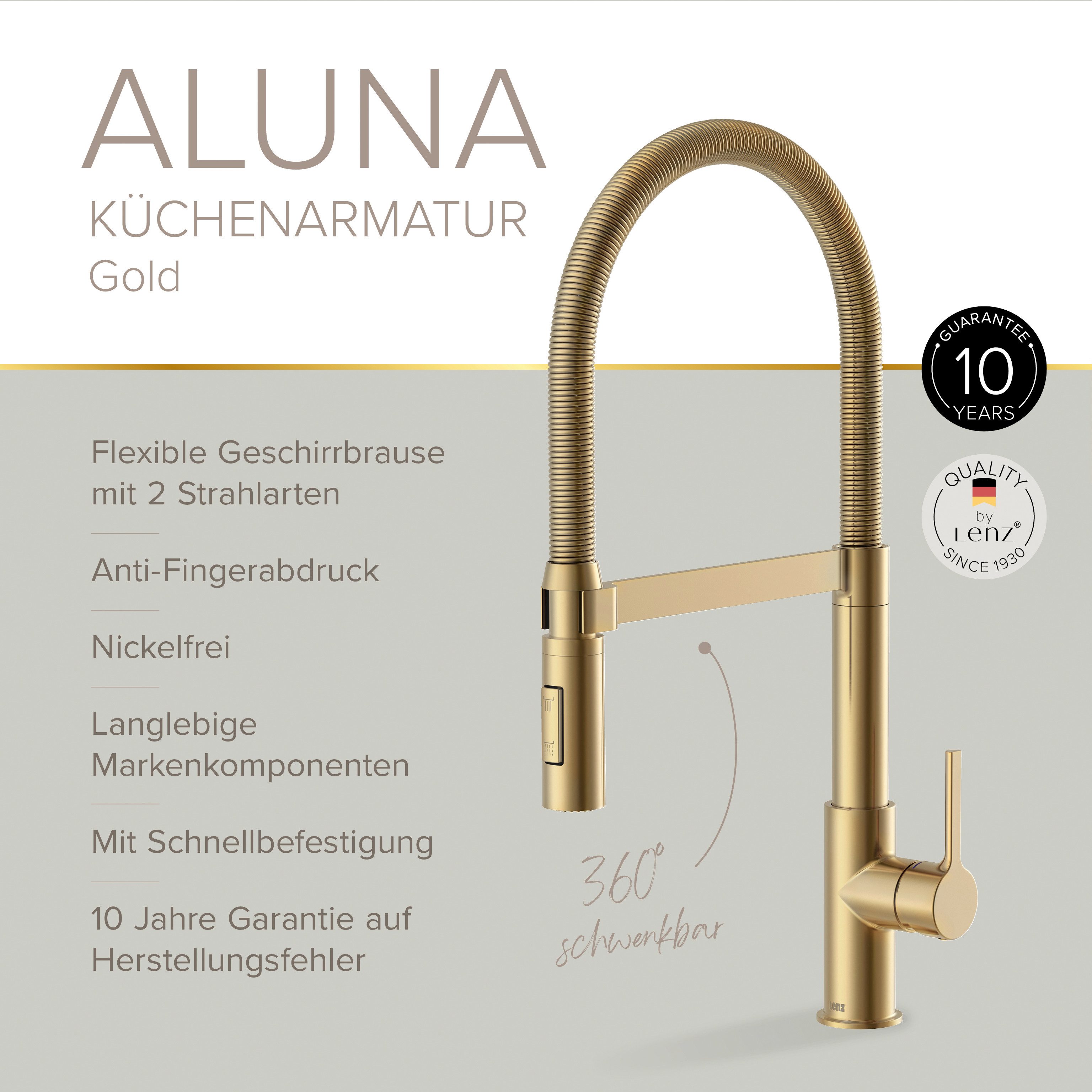 Lenz Küchenarmatur ALUNA mit Pendelbrause 2 Strahlarten, schwenkbar, flexible Brause Flexible Pendelbrause mit 2 Strahlarten