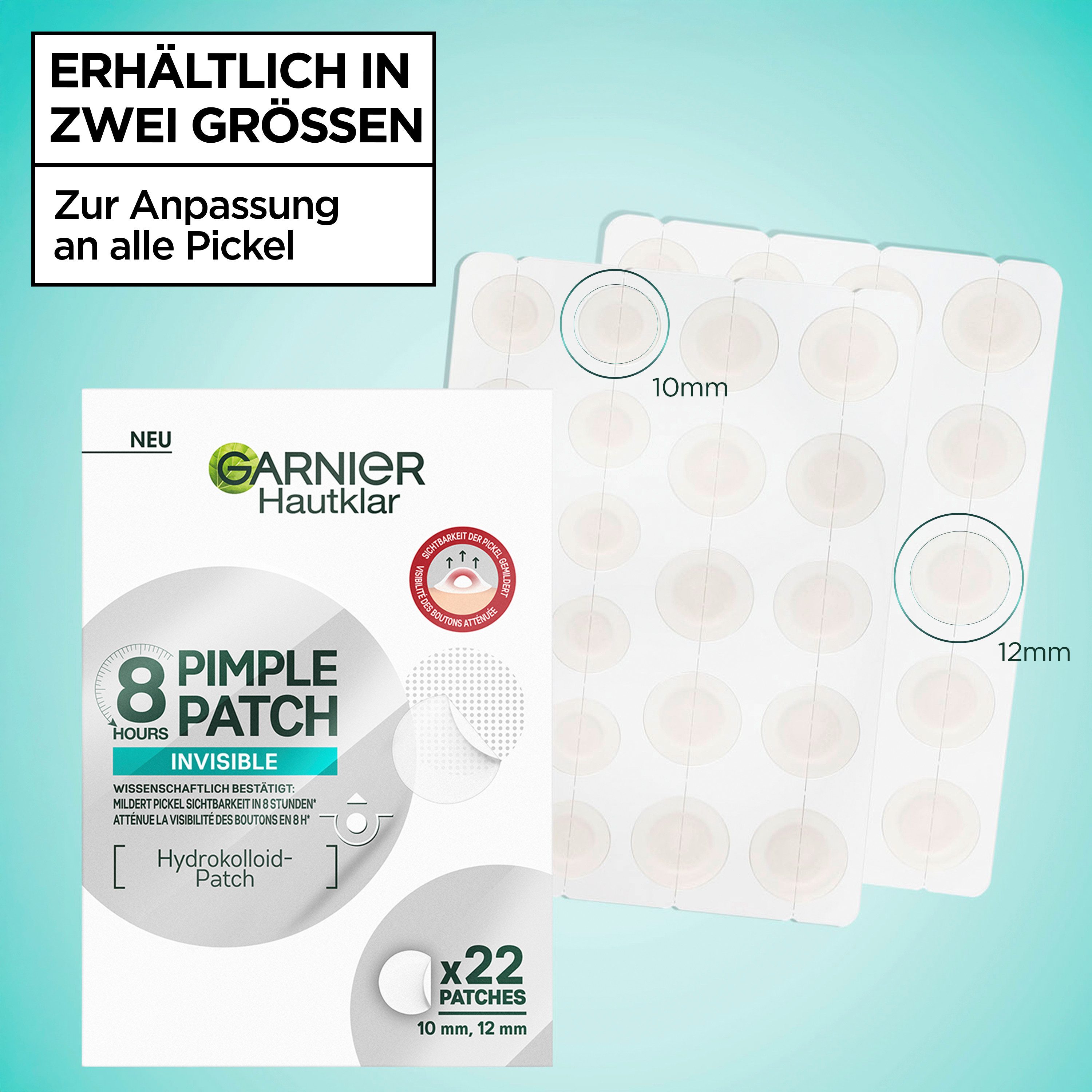 GARNIER Pickel-Tupfer GARNIER 8H INVISIBLE PIMPLE PATCH, für das Gesicht, aus Hydrokolloid-Material, unsichtbarer Schutzfilm