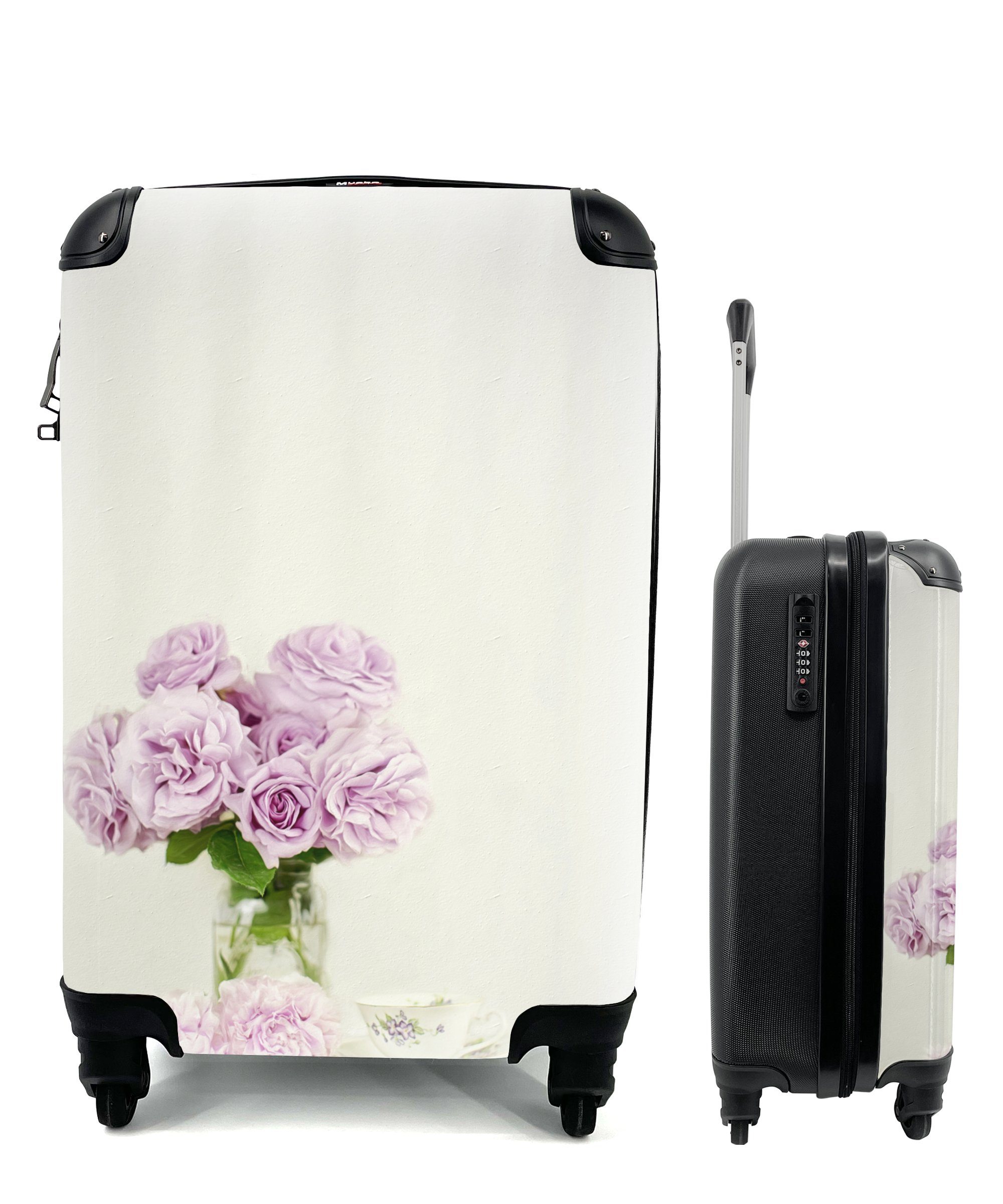 Reisekoffer rosa 4 Handgepäck einer an rollen, Ferien, aus für MuchoWow Teetasse, Reisetasche Rollen, Pfingstrosen Trolley, Handgepäckkoffer mit Blumenstrauß