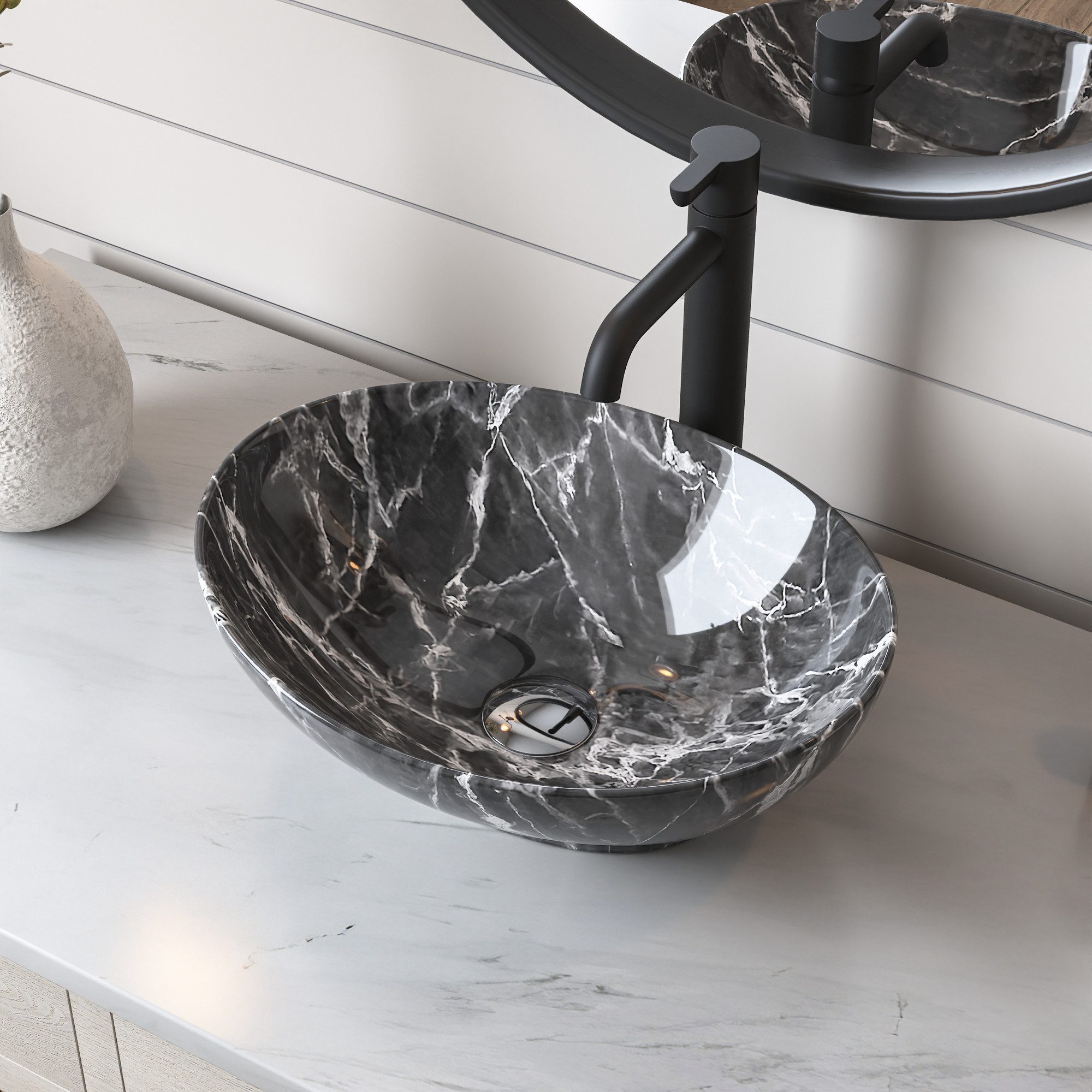 DeerValley Aufsatzwaschbecken DeerValley Oval Keramik Aufsatzwaschbecken Badezimmer Gäste-WC 40x33cm (Packung, ohne Armatur und Ablaufgarnitur), Ovale Keramik-Waschschale in grauer Marmoroptik