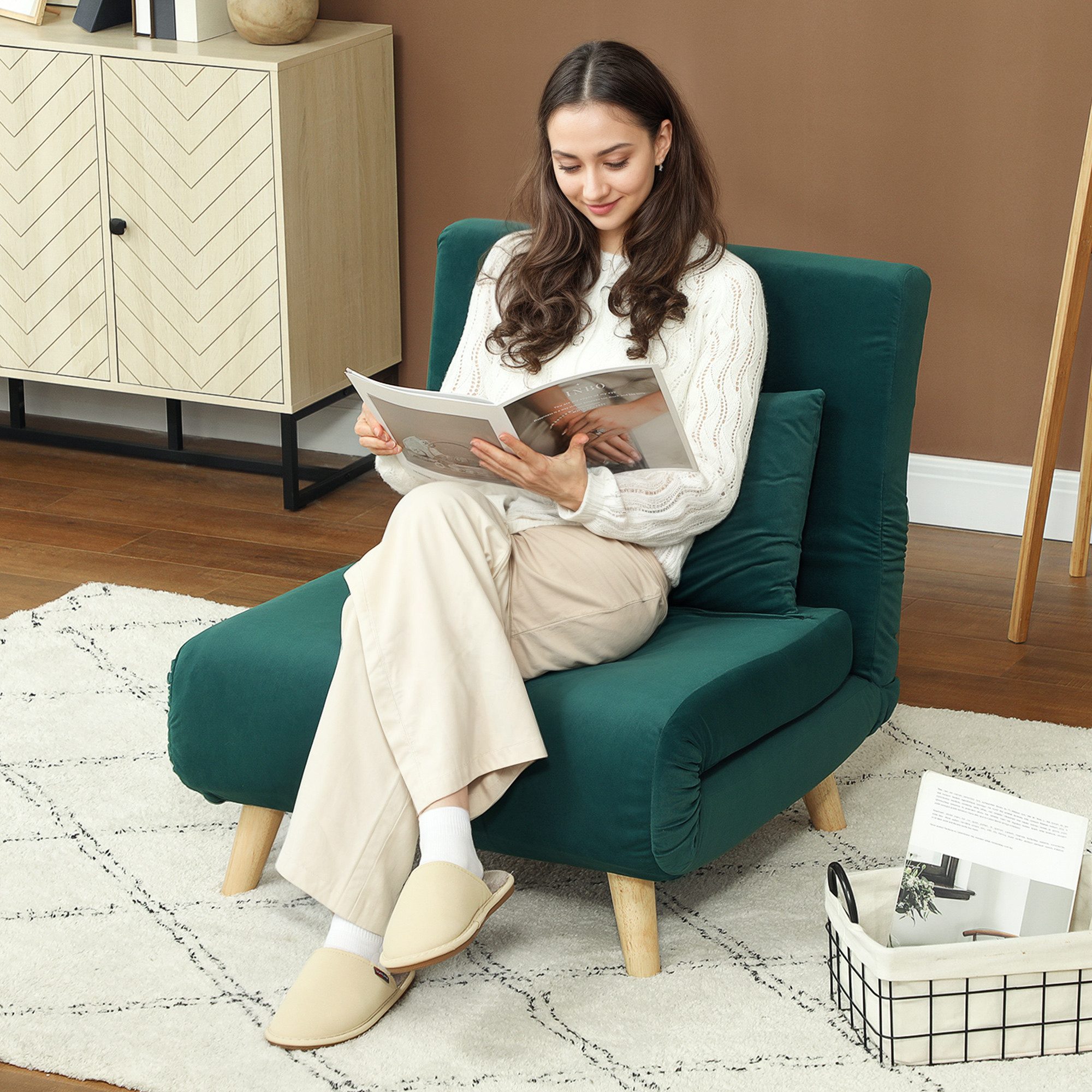 HOMCOM Schlafsofa Schlafsessel klappbar mit Bettfunktion, Gästebett in Leinenoptik, Klappsessel 1 Teile, für Wohnzimmer, Dunkelgrün