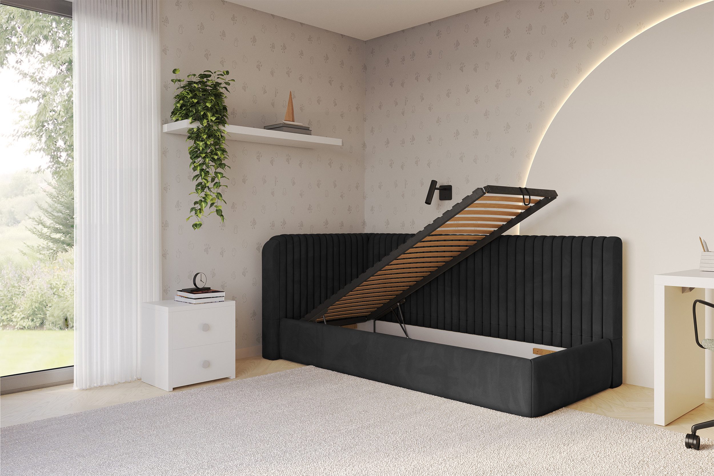 ALTDECOR Jugendbett AURY (Jugendbett mit Bettkasten und Lattenrost, Polsterbett ohne Matratze), Einzelbett mit Stauraum, Bett mit Kopfteil