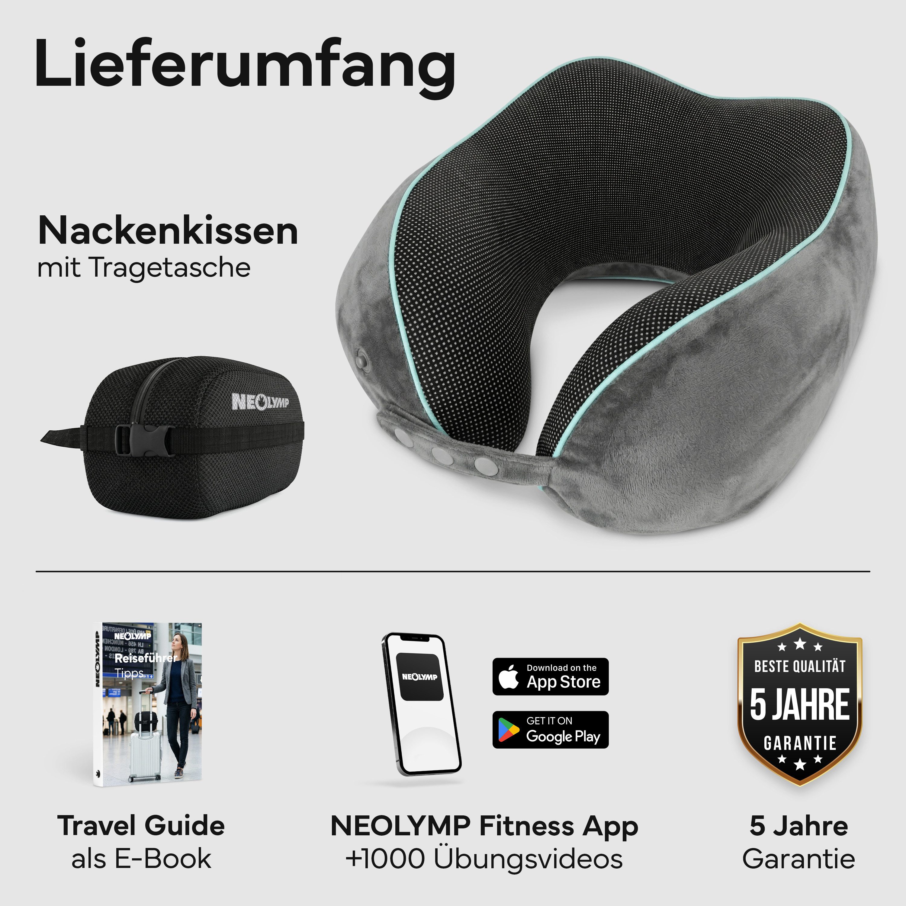 NEOLYMP Nackenkissen Flugzeug mit Kinnstütze verhindert Vorfallen des Kopfes – Reisekissen, Nackenkissen Flugzeug - Komprimierbar mit Tasche & Kofferband, Nackenkissen Reise Travel Pillow - 360° Support & schlanker Rückseite