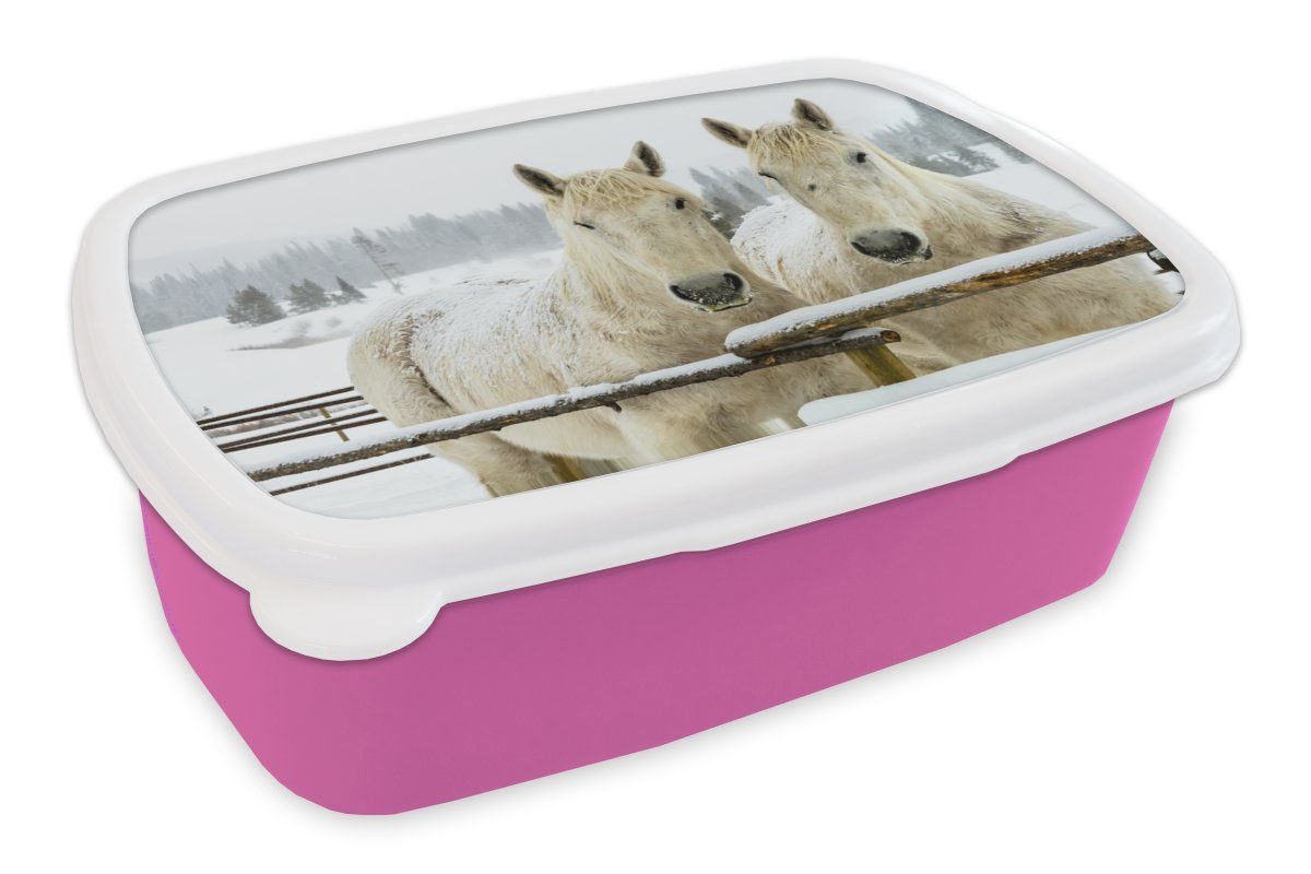 Kunststoff Kunststoff, - - Lunchbox (2-tlg), für Brotbox Schnee Snackbox, Kinder, Zaun, MuchoWow Brotdose Erwachsene, rosa Pferde Mädchen,