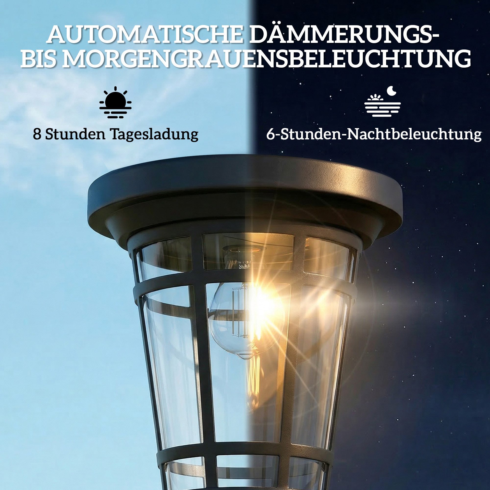 Outsunny Außen-Stehlampe Solar Laterne 2er-Set 180cm Höhenverstellbar Gartenlaterne, mehrere Helligkeitsstufen, Sensorgesteuert, Wetterfest, LED fest integriert – Bild 4 von 5