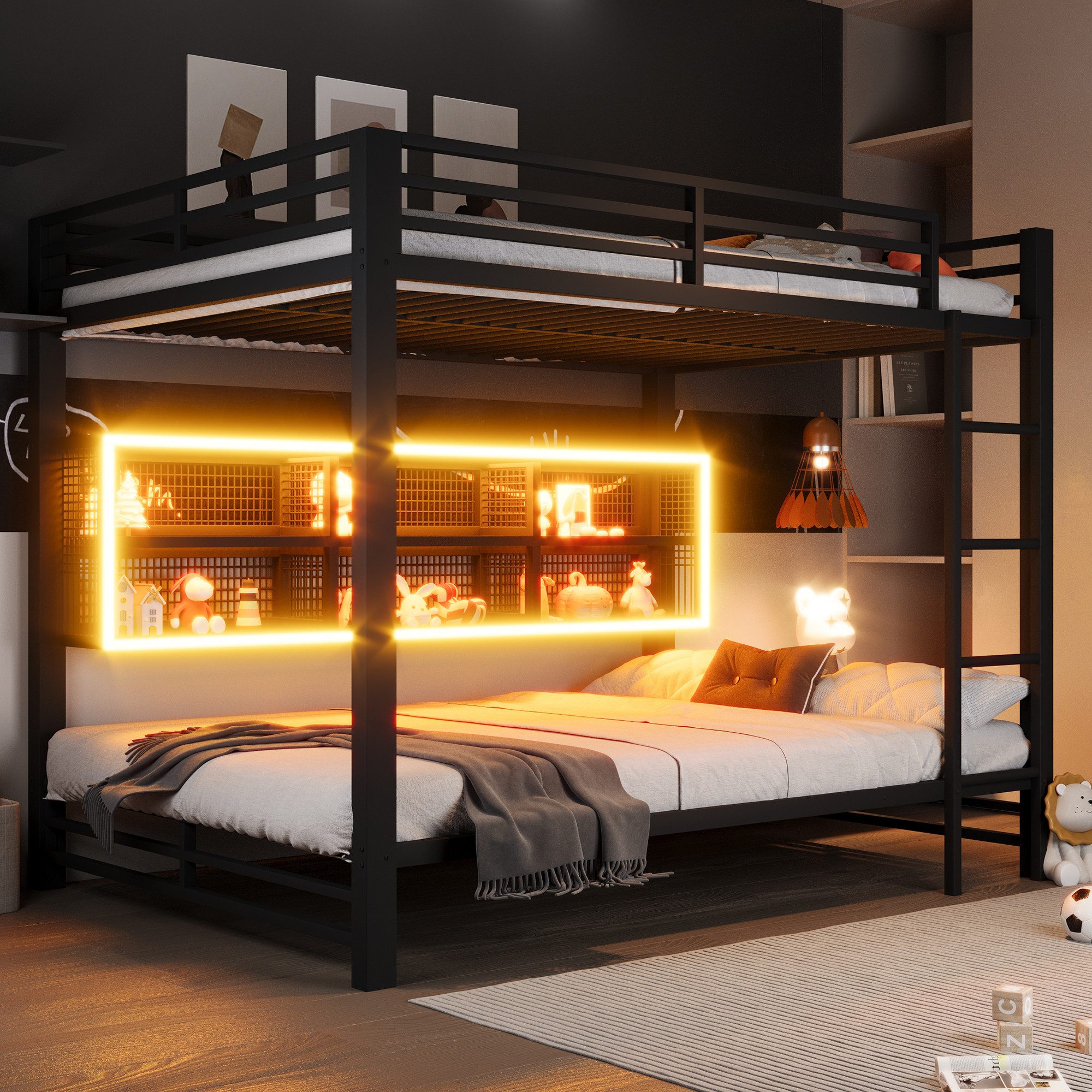 Merax Etagenbett 140x200cm mit LED-Beleuchtung (204 x 146 x 160 cm, 1-St., Jugendbett Stockbett Doppelbett), Metallbett Kinderbett mit 6 Stauraumschränken, Leiter, Zaun & Stauraum