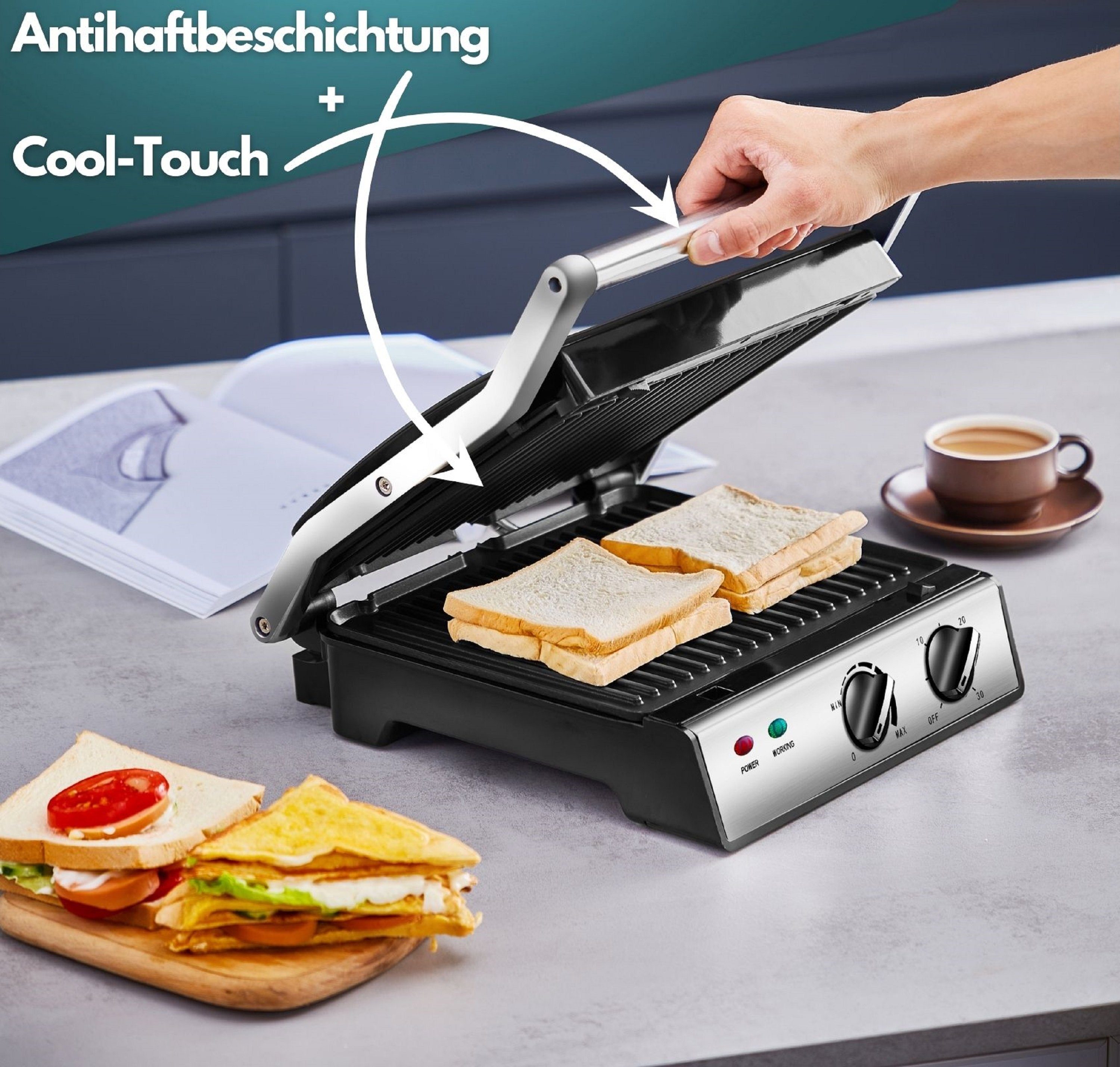 STEINBORG Kontaktgrill SB-2130, 2000 W, Edelstahlgehäuse, Cool-Touch-Technologie, Antihaftbeschichtung