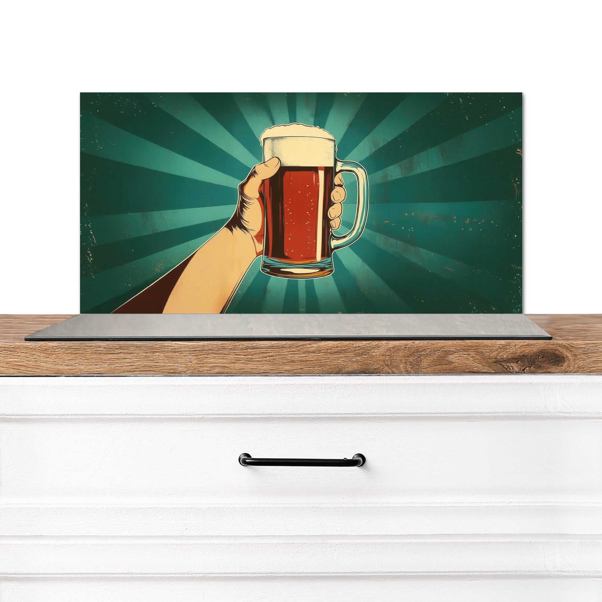 KitchenYeah Küchenrückwand Bierglas - Schaumstoff - Retro - Grün, (1-tlg), Spritzschutz Küchenrückwand, Wandschutz, 60x30 cm