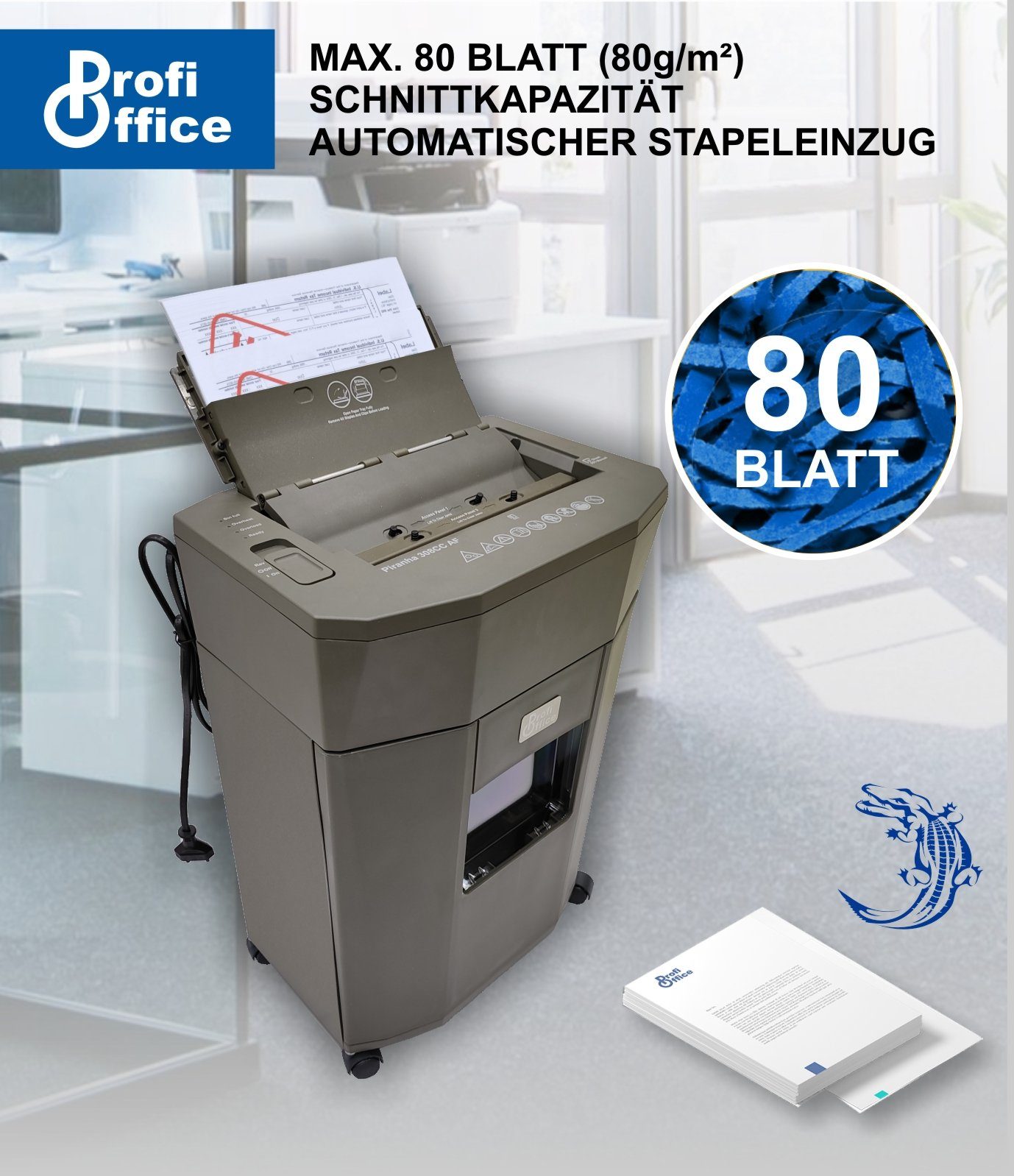 ProfiOffice Aktenvernichter Auto-Feed Aktenvernichter Piranha 308 CC AF, Automatischer Einzug