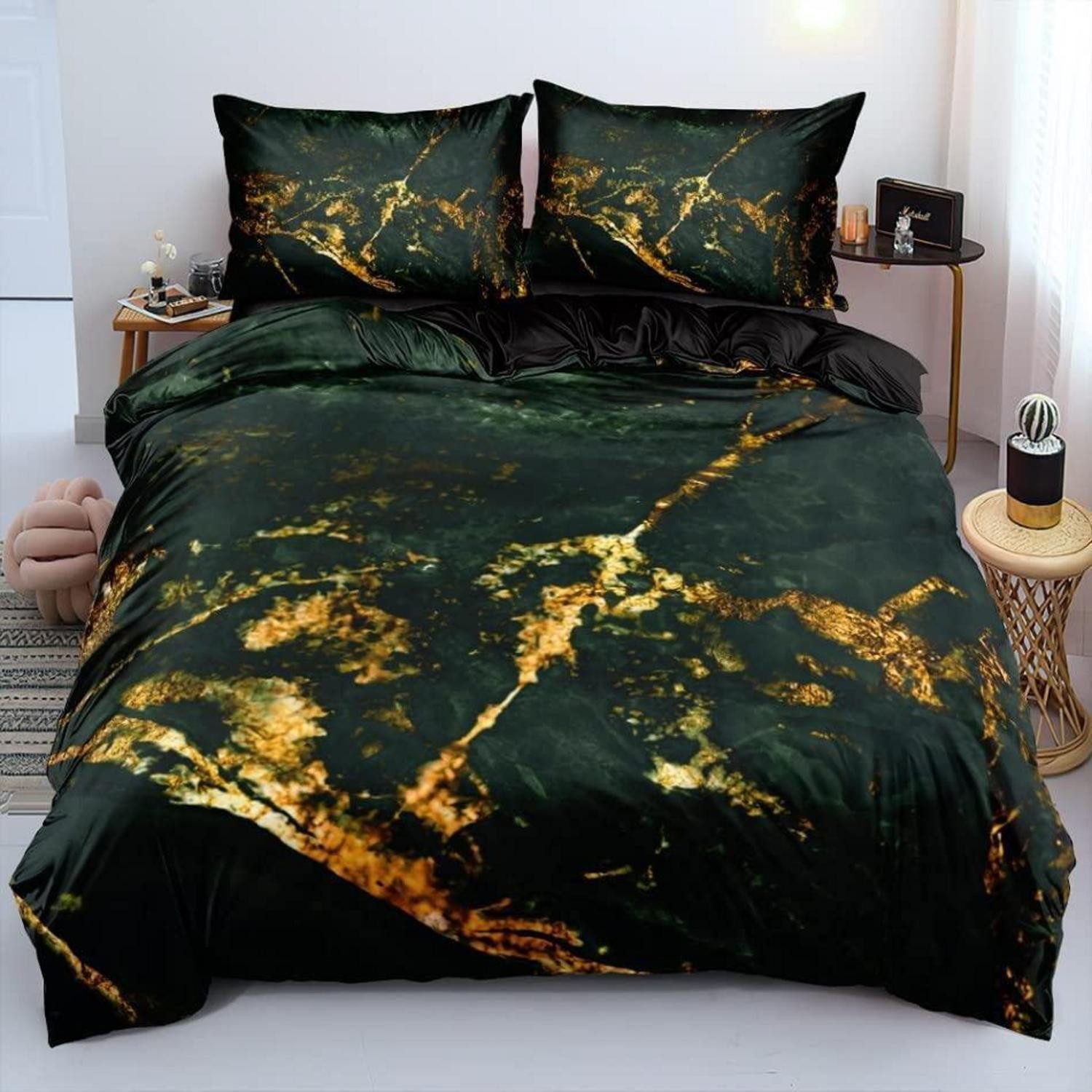 LuxusKollektion Bettwäsche Bettwäsche 135x200 Marmor Grün Gold 2tlg