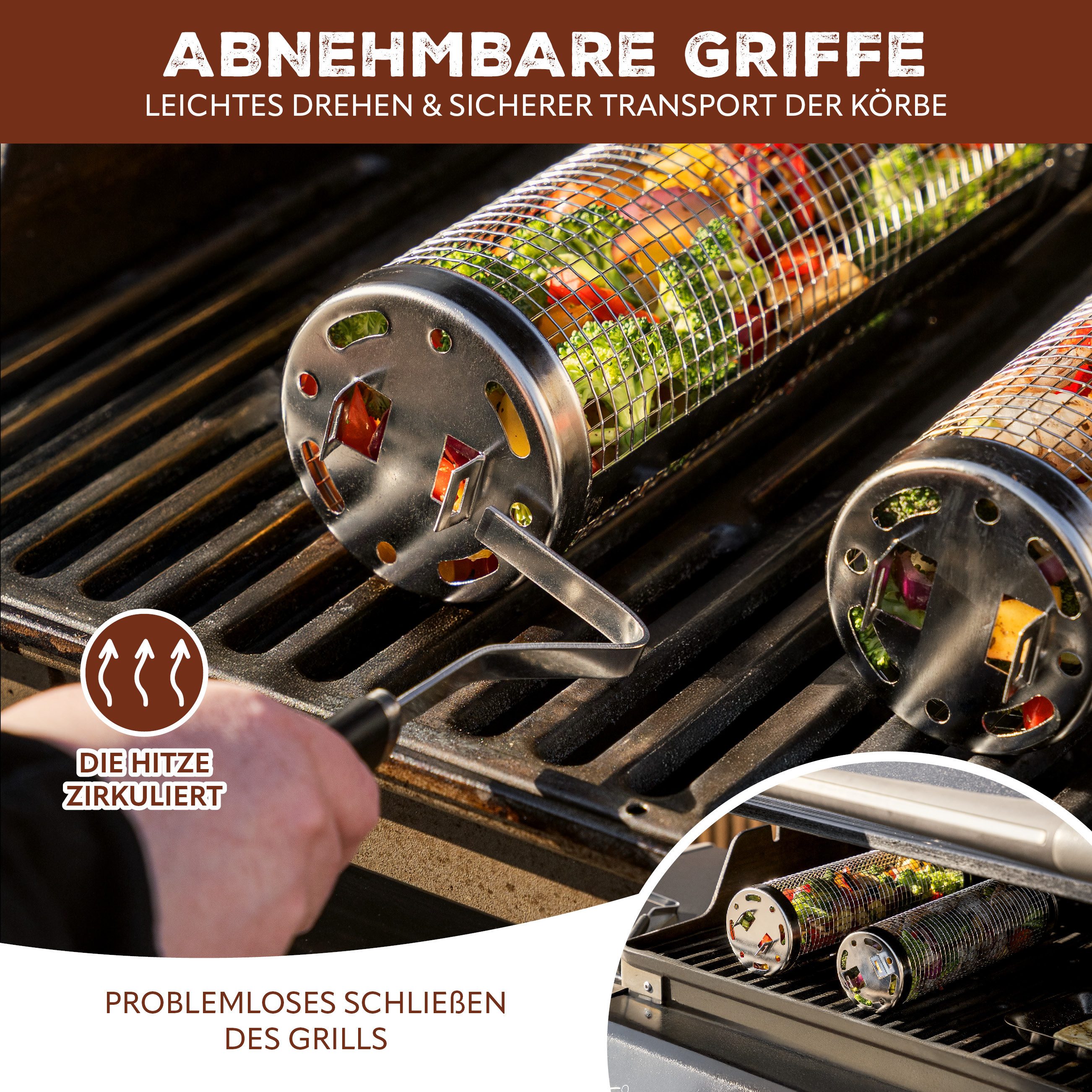 eluno Grillplatte Grillkörbe 2er Set aus Edelstahl (2-St., unterschiedliche Größen), abnehmbare Griffe – Bild 4 von 5