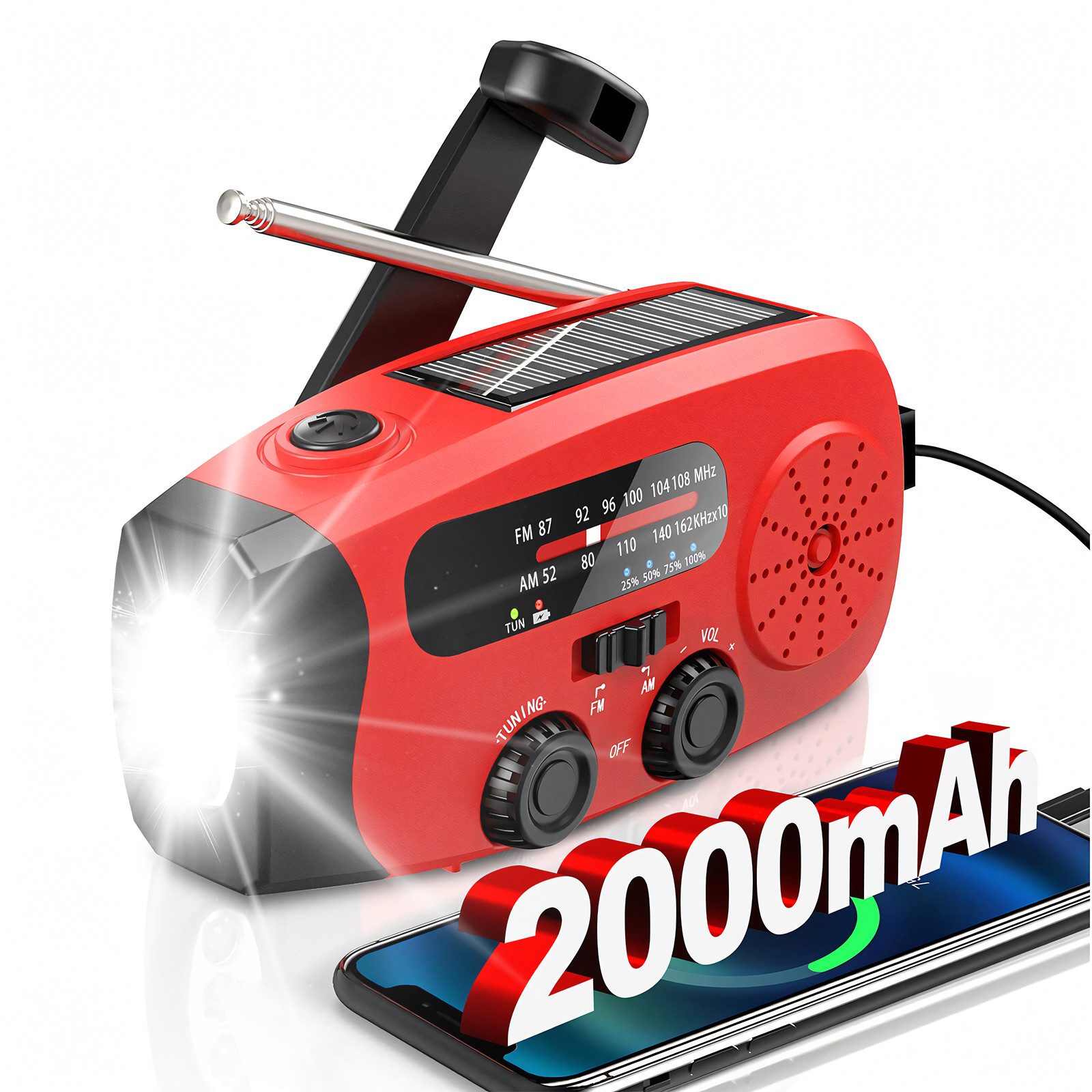 Rayofi Solar Radio,AM/FM notfallradio, Kurbelradio mit powerbank Radio (Radio Batteriebetrieben Notfall mit 2000mAh Wiederaufladbare Batterie, Tragbares, 6 W, radio mit Led Taschenlampe, SOS-Alarm für Notfall, Camping, Ourdoor)