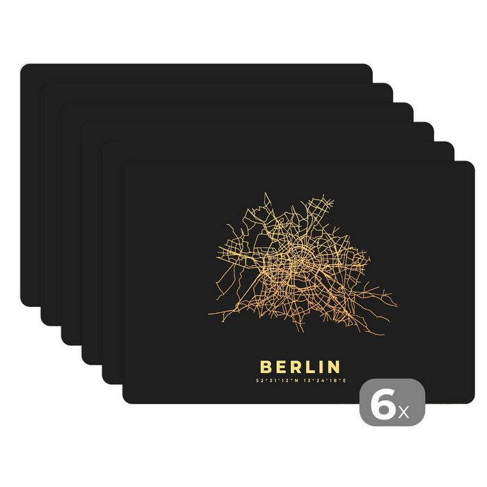 Platzset Berlin - Gold - Karte - Stadtplan - Karte MuchoWow (6-St) Platzset Platzdecken Platzmatte Tischmatten Schmutzabweisend