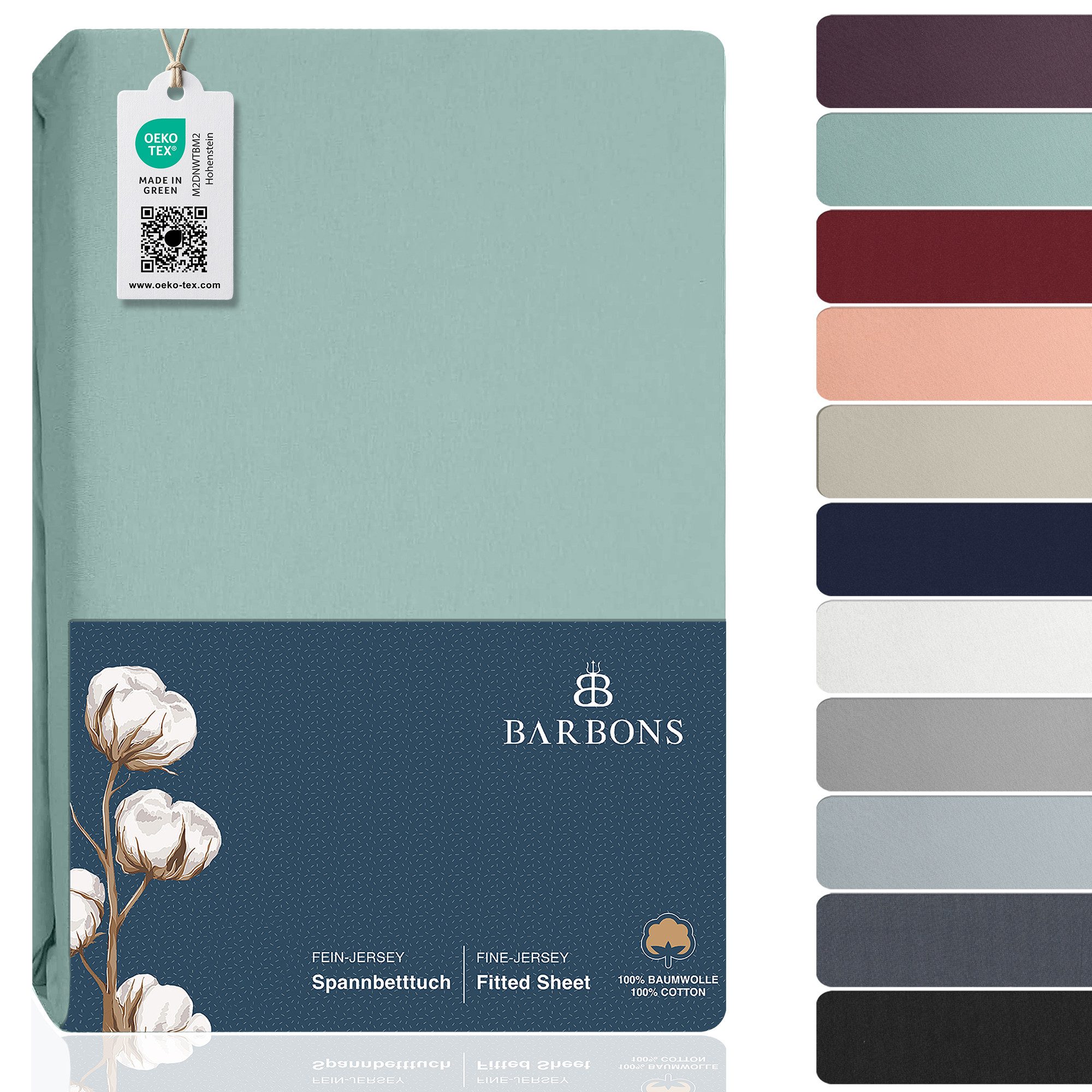 BARBONS Spannbettlaken Jersey Bettlaken, 145 g/m² Spannbetttuch, bis zu 25cm Höhe, Topper, Jersey aus 100% Baumwolle, Gummizug: rundum, (1 Stück), Rundumgummi, Atmungsaktiv