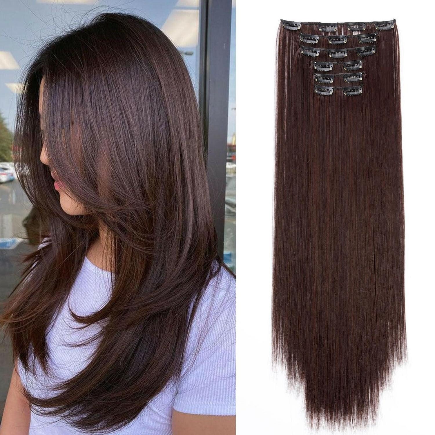 LuxusKollektion Kunsthaar-Extension Haarverlängerung Clip in 6PCS 65 cm Dunkelbraun mix Kastanienbraun