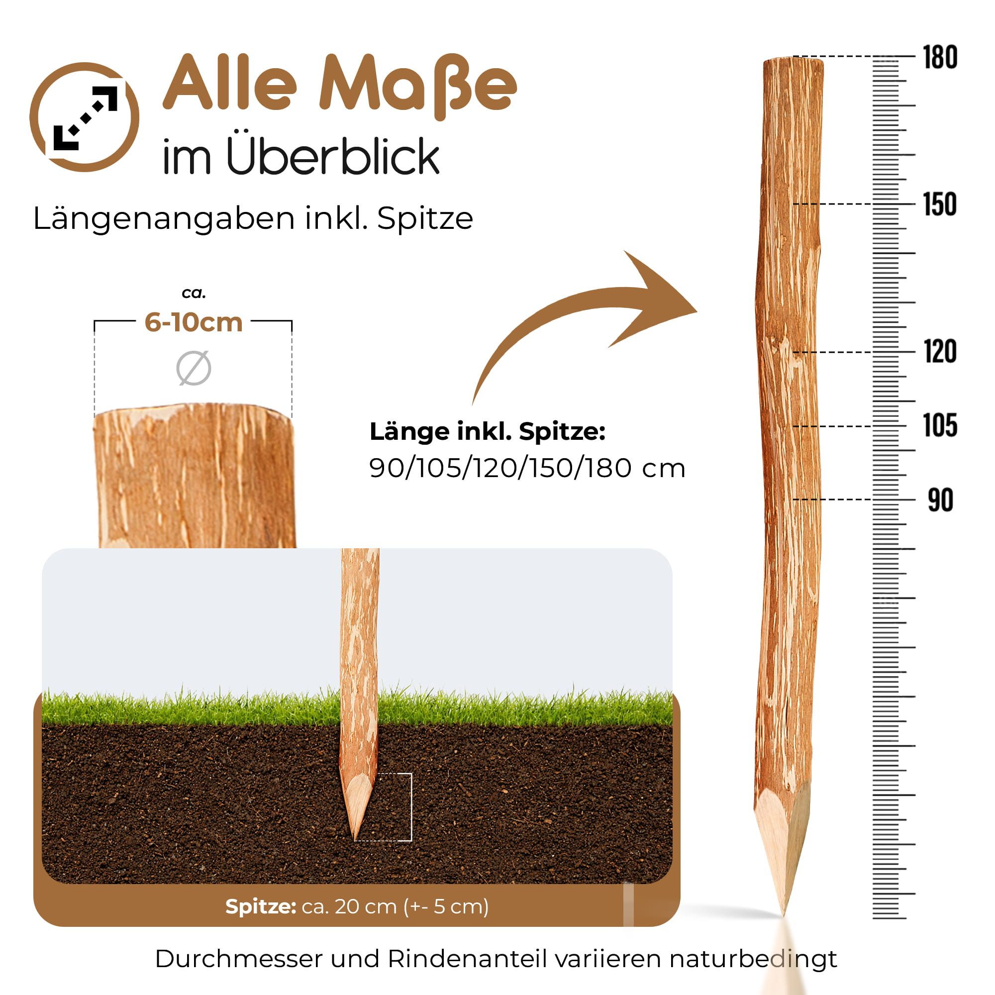 BooGardi Zaunpfosten Zaunpfähle · Holzpfosten für Staketenzaun · in 5 Größen, (1 Stück Holzpfahl rund · 90 cm lang), Pfosten · Holzpfähle für Holzzaun · Wildzaun · Holz · Haselnuss