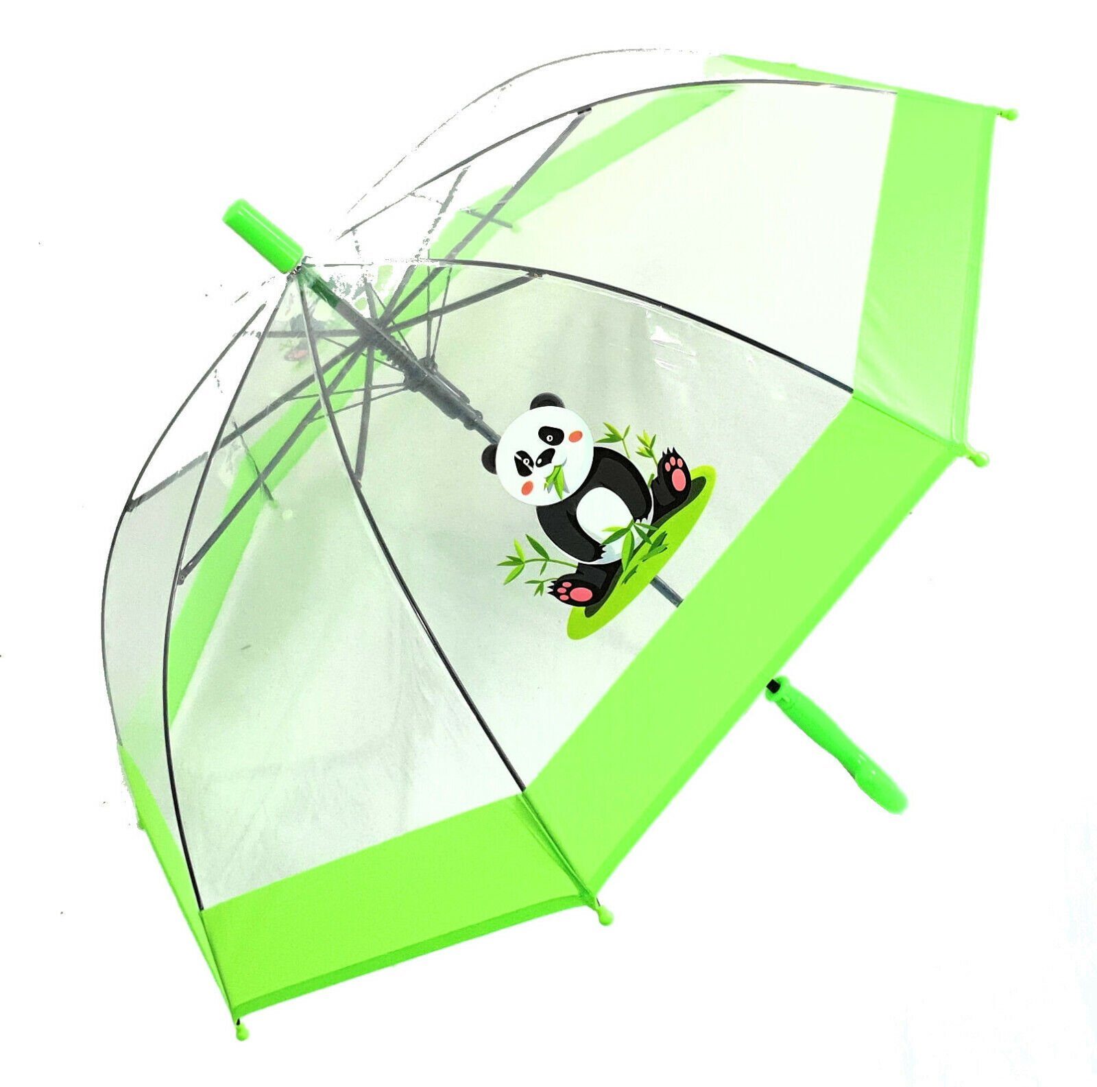 Dr. Neuser Stockregenschirm Kinder durchsichtig mit süßer Automatik, tranparent Panda Regenschirm transparent grün