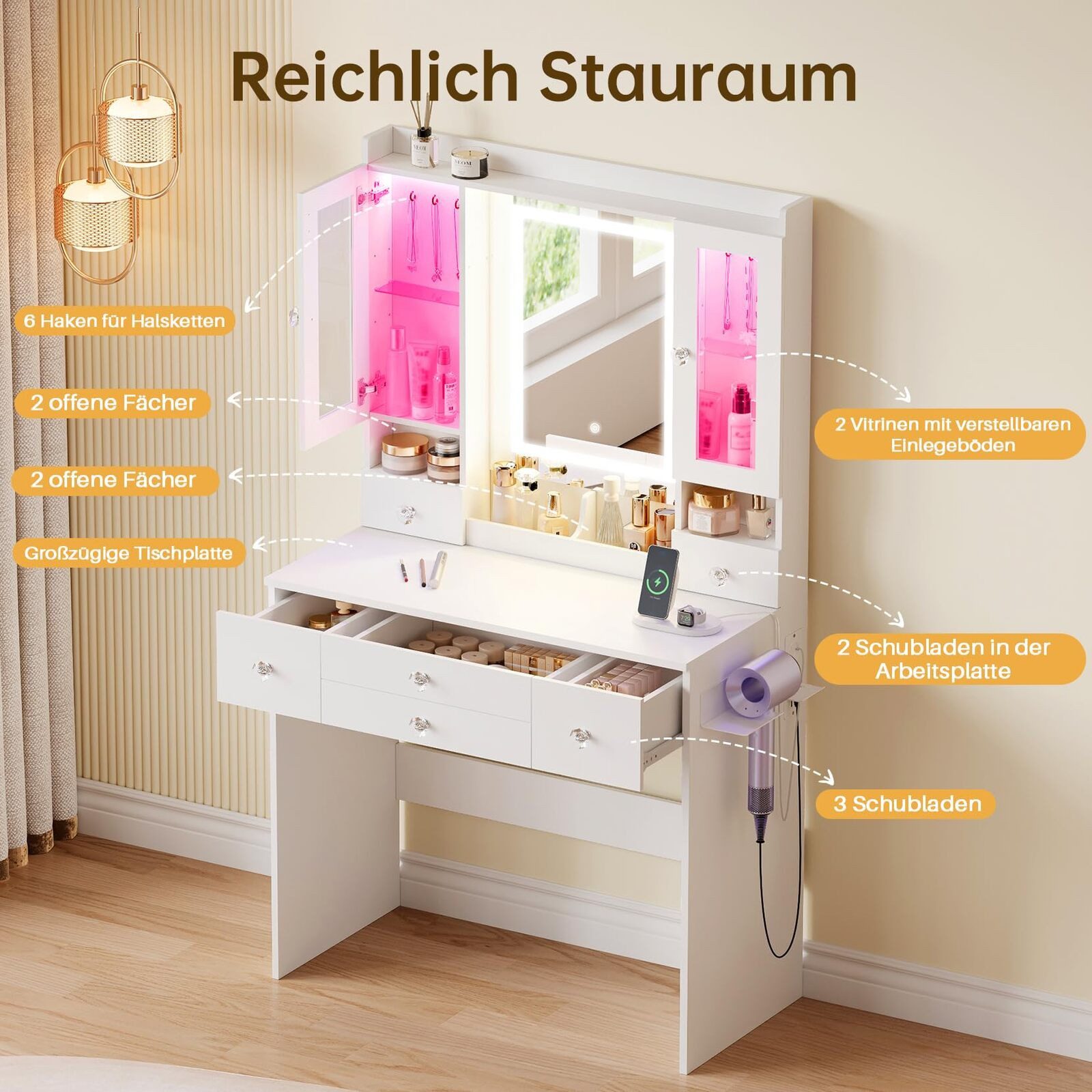 Dripex Schminktisch LED-Spiegel&Vitrine 80cm-USB&Steckdose-RGB-Beleuchtung-Stauraum-Weiß