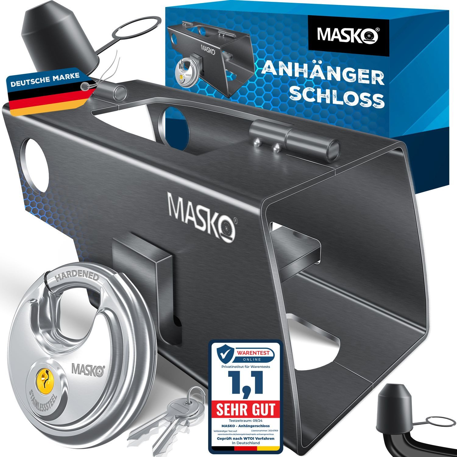 MASKO Anhängerschloss (Inkl. Rundbügelschloss & Schlüssel & Schutzkappe), Anhänger Schloss Diebstahlschutz Wohnwagen Kastenschloss
