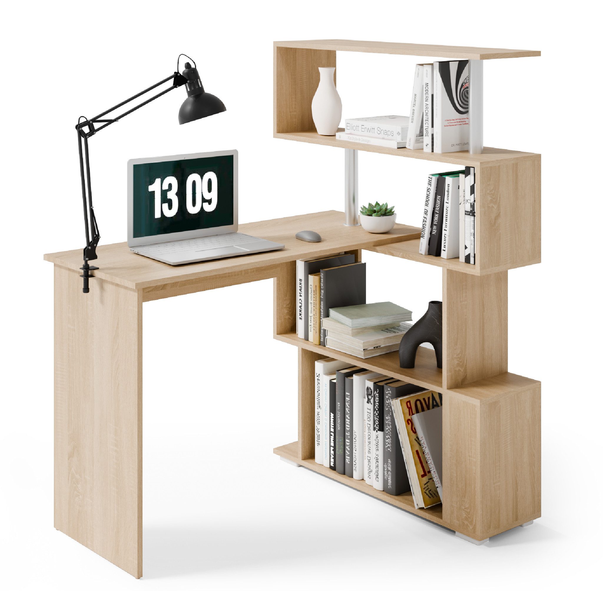 Mondeer Eckschreibtisch Schreibtisch, mit 360 Grad Drehbarem Bücherregal 157 x 45 x 130,5 cm