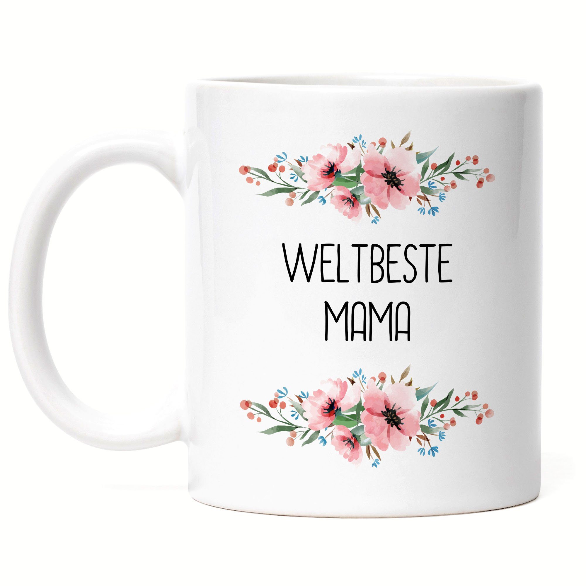 Hey!Print Tasse Weltbeste Mama Tasse Mutterliebe Geburtstag, Geschenkidee Blumenmotiv Keramik Muttertag Weiß