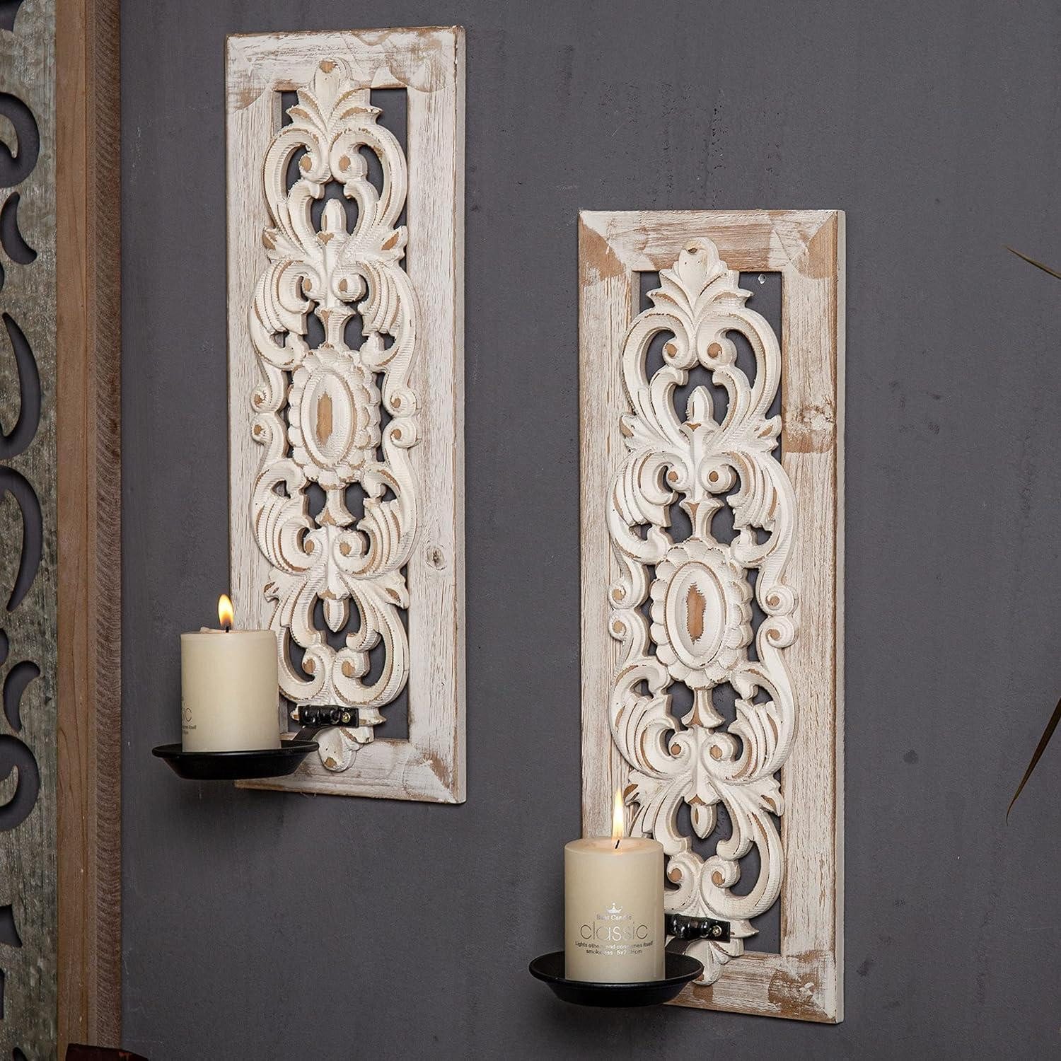 LuxusKollektion Wandkerzenhalter Wandkerzenhalter Vintage 2er Set Weiß Holz (2 St)