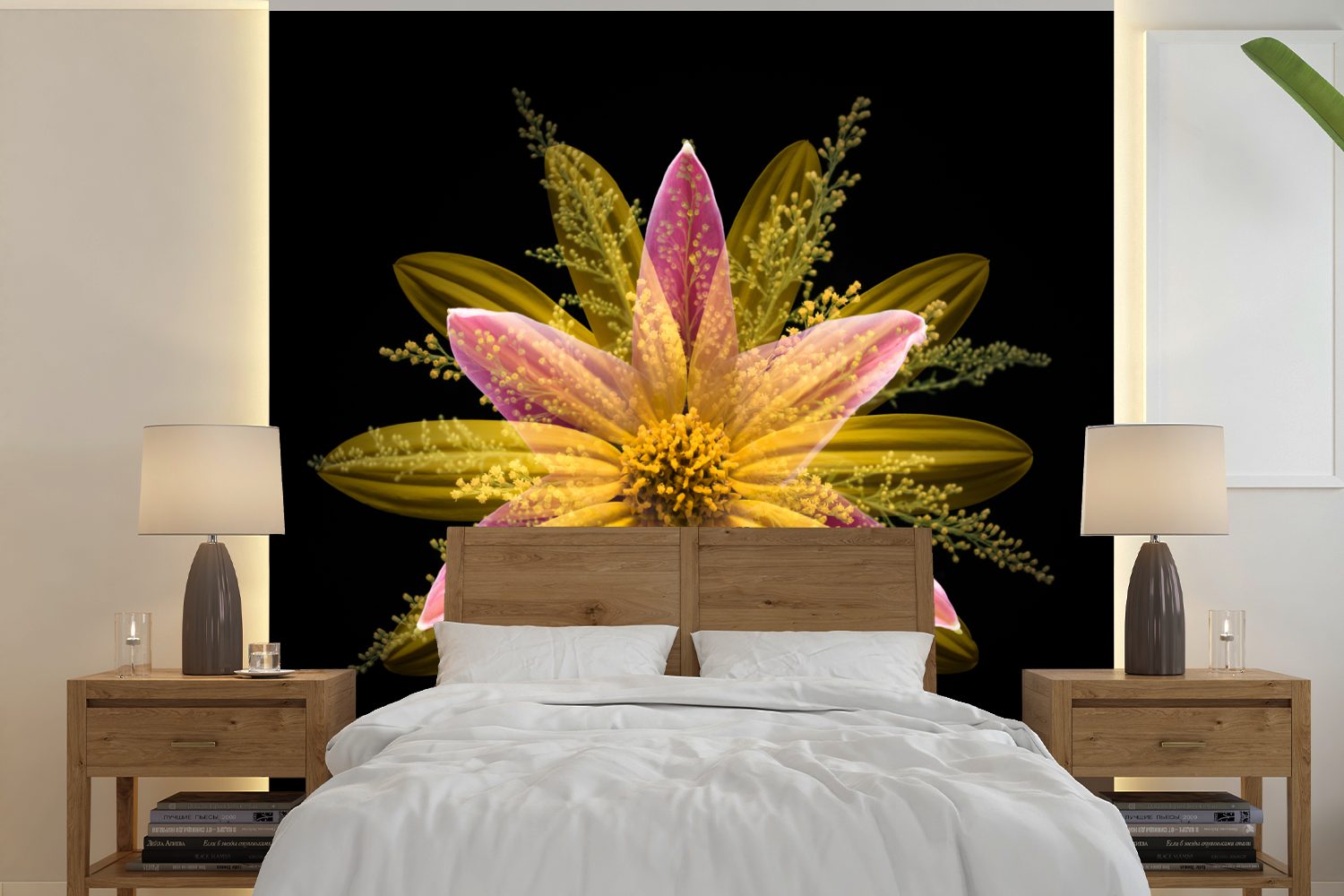 Schlafzimmer, Fototapete für Tapete St), bedruckt, MuchoWow Vinyl Blume Hintergrund, gelbe oder (5 schwarzem Matt, Wandtapete auf Eine Wohnzimmer