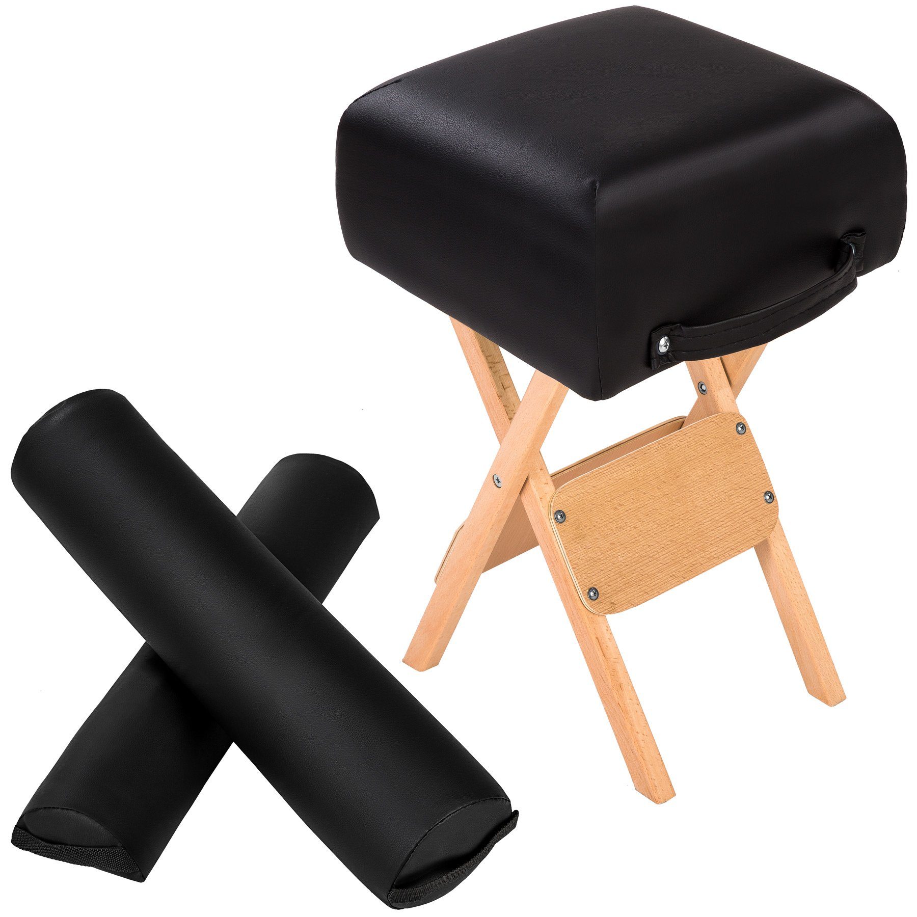 tectake Hocker Sitzschemel mit 2 Lagerungsrollen, klappbar, leicht zu reinigen (Arbeitssitz, in schwarz), Holz und Kunstleder, gut …