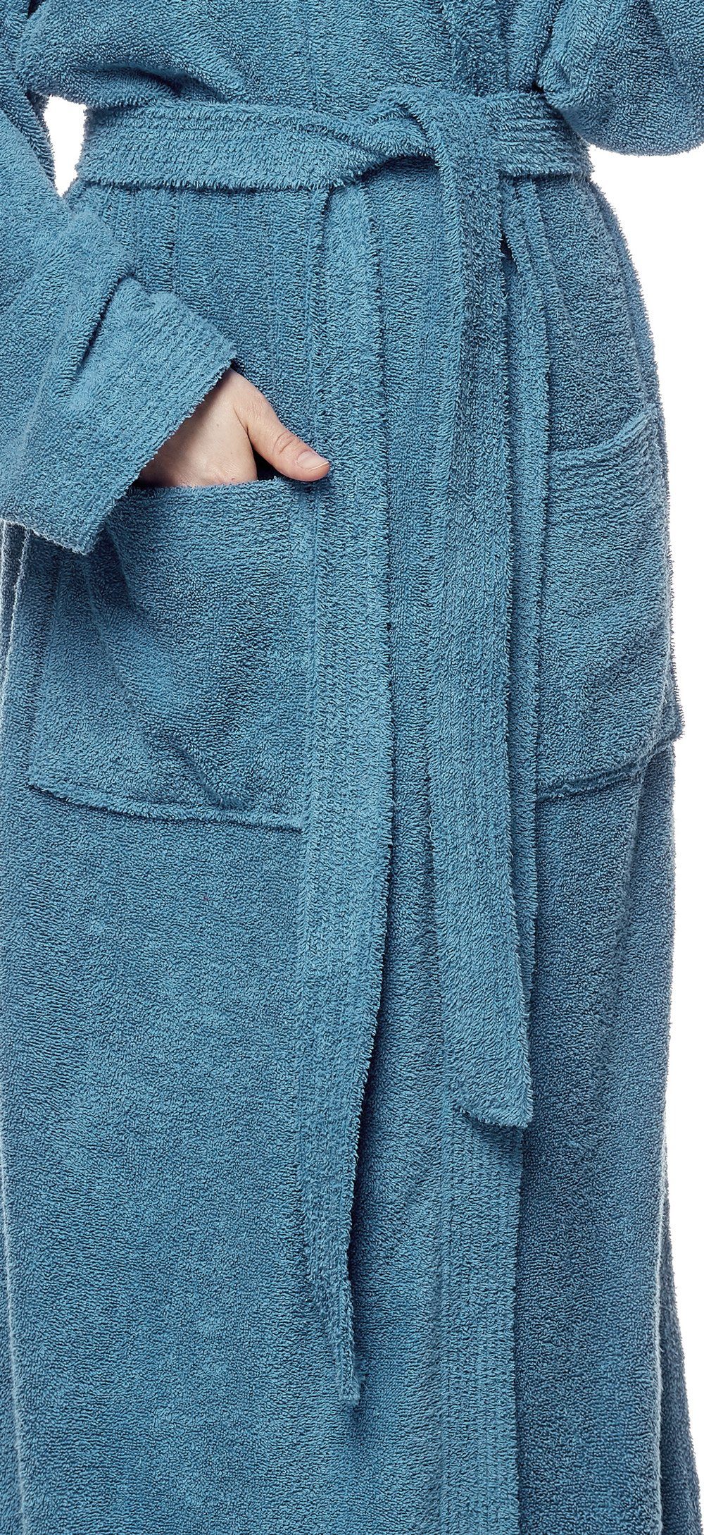 Arus Damenbademantel Pandora, 100% Baumwolle, lang, 100% extra Kapuze, Blaugrau mit Baumwolle