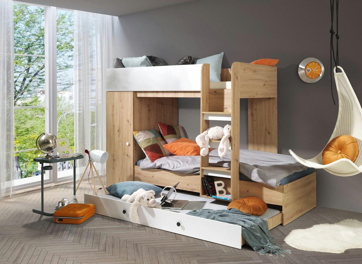 QMM TraumMöbel Hochbett Etagenbett "SAM 2" für 2-3 Kinder mit Schrank eiche (2-3 Liegeflächen mit Leiter & Schrank)
