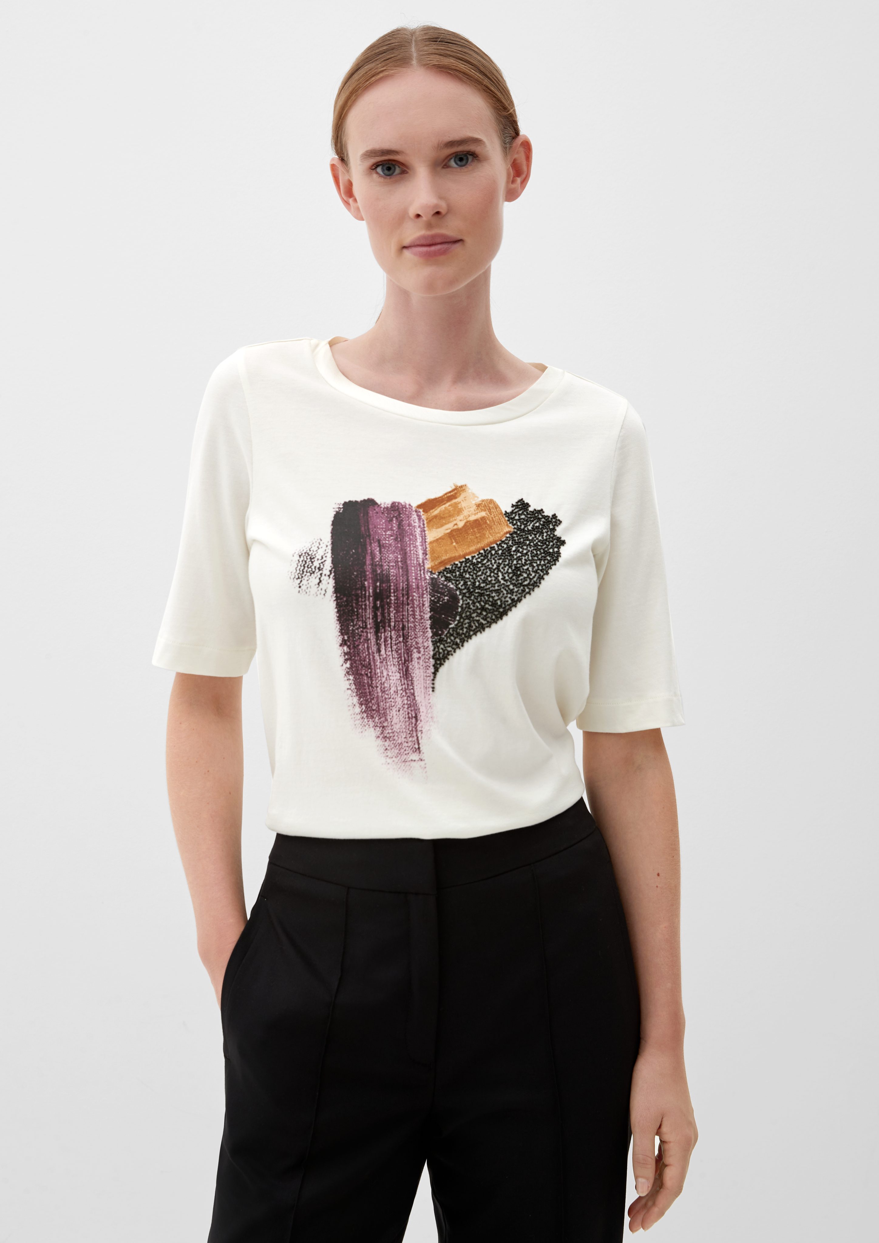 s.Oliver BLACK LABEL Kurzarmshirt T-Shirt mit Satindetail Artwork ecru