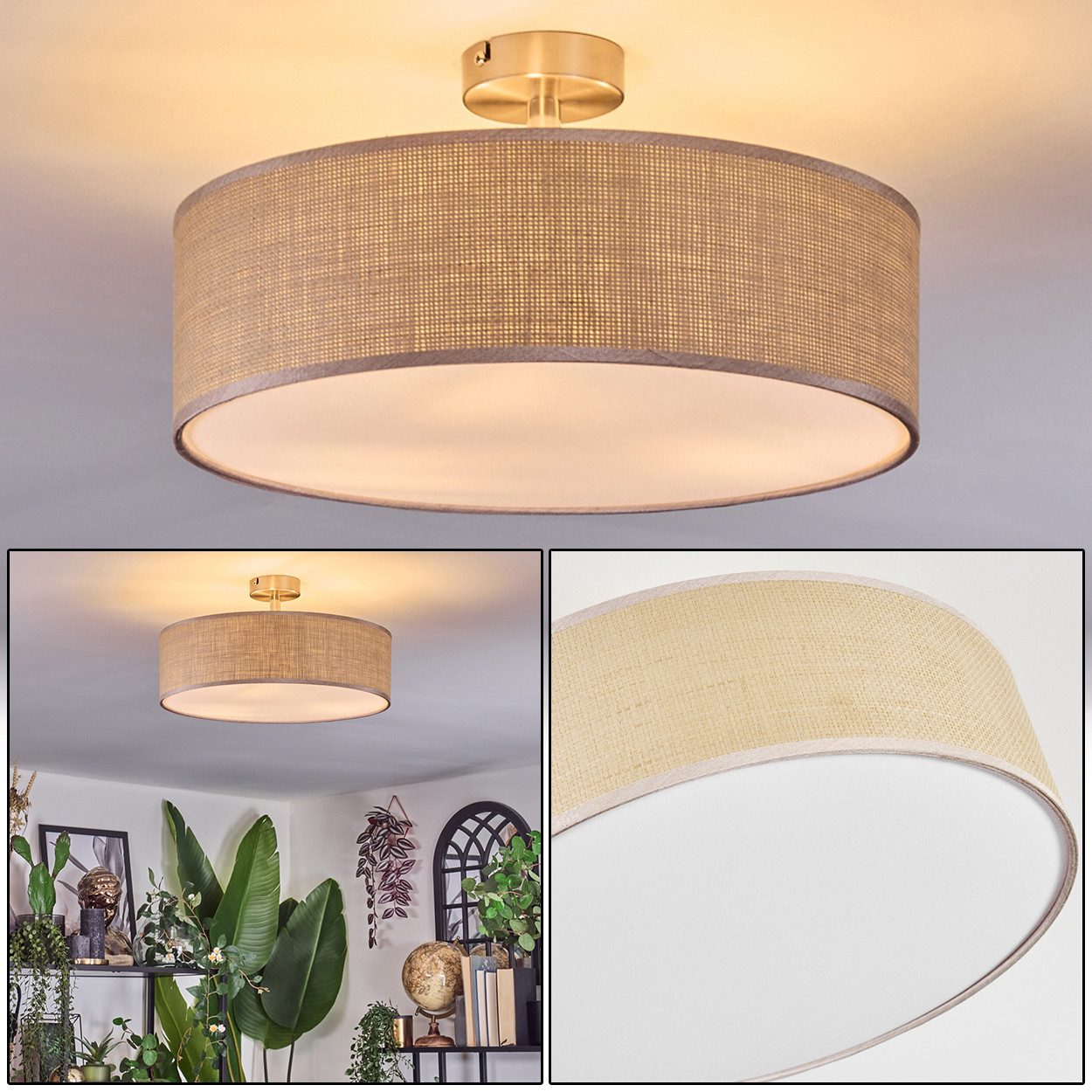 hofstein Deckenleuchte Deckenlampe aus Metall/Papiergeflecht/Stoff in Nickel-matt/Natur, ohne Leuchtmittel, runde Boho Leuchte (40 cm), E27