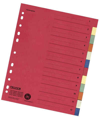 Falken Aktenordner Zahlenregister - 1-12, Karton farbig, A4, 6 Farben, gelocht mit Orgadr