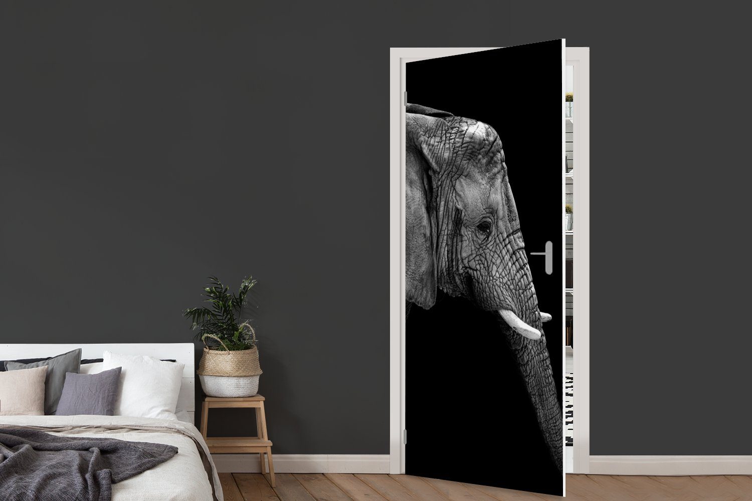 für Matt, weiß - Elefant MuchoWow bedruckt, und cm Tür, Tiere, 75x205 Fototapete (1 - Porträt Türaufkleber, Schwarz Türtapete St), -