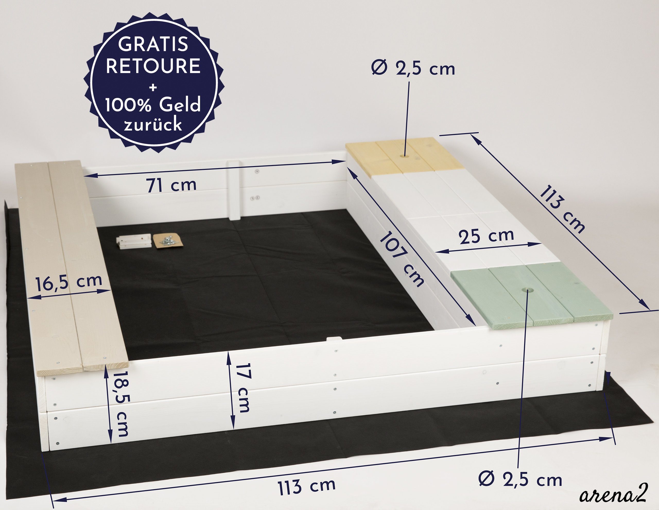 WONDERMAKE Sandkasten mit Abdeckung, 2x Matschküche, Boden Vlies, Sandkiste Holz Deckel bunt, Design mit Bank quadratisch verschließbar Outdoor Garten schwarz bunt