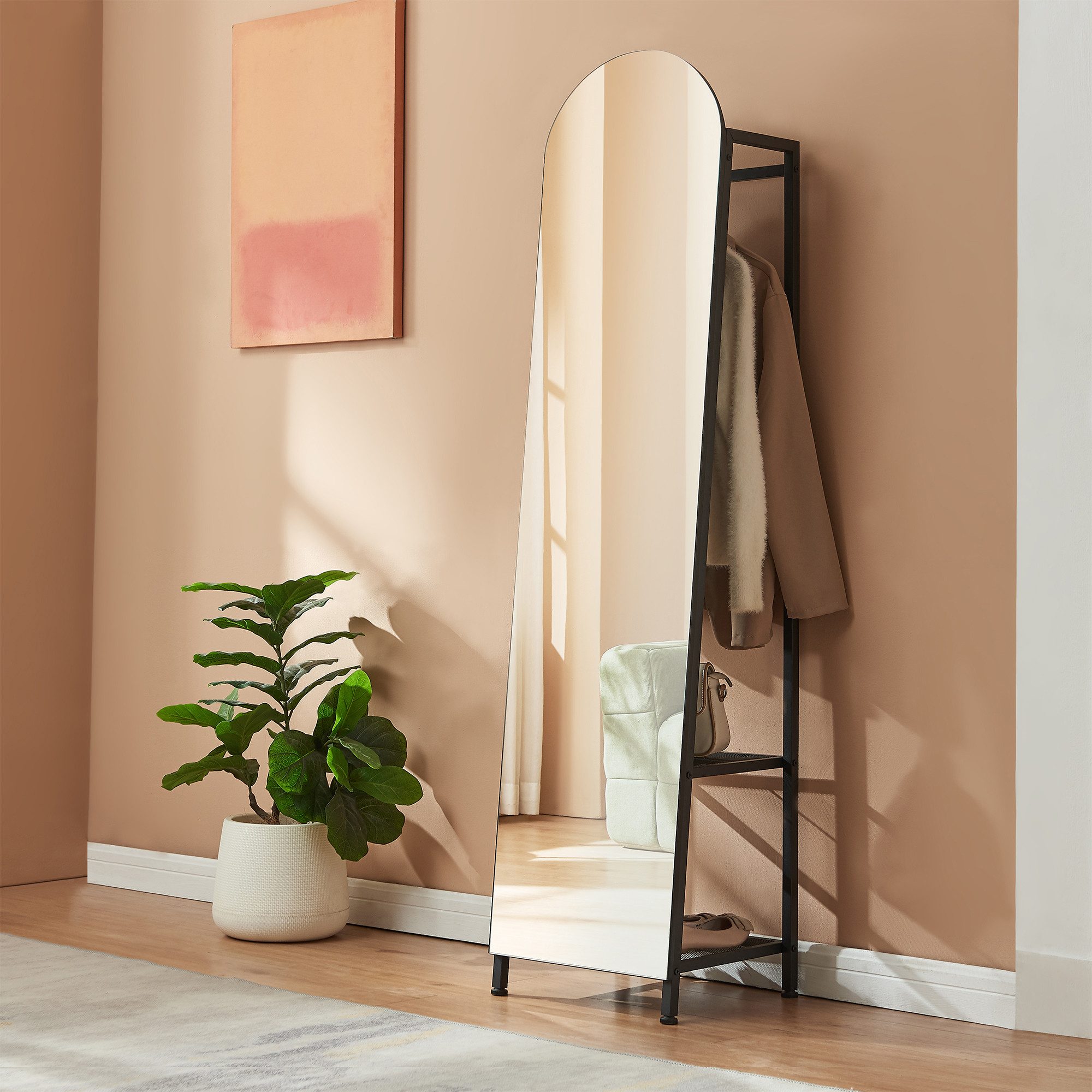 en.casa Ganzkörperspiegel, »Frenraby« mit Kleiderstange und Ablagen 165x40x35 cm Schwarz